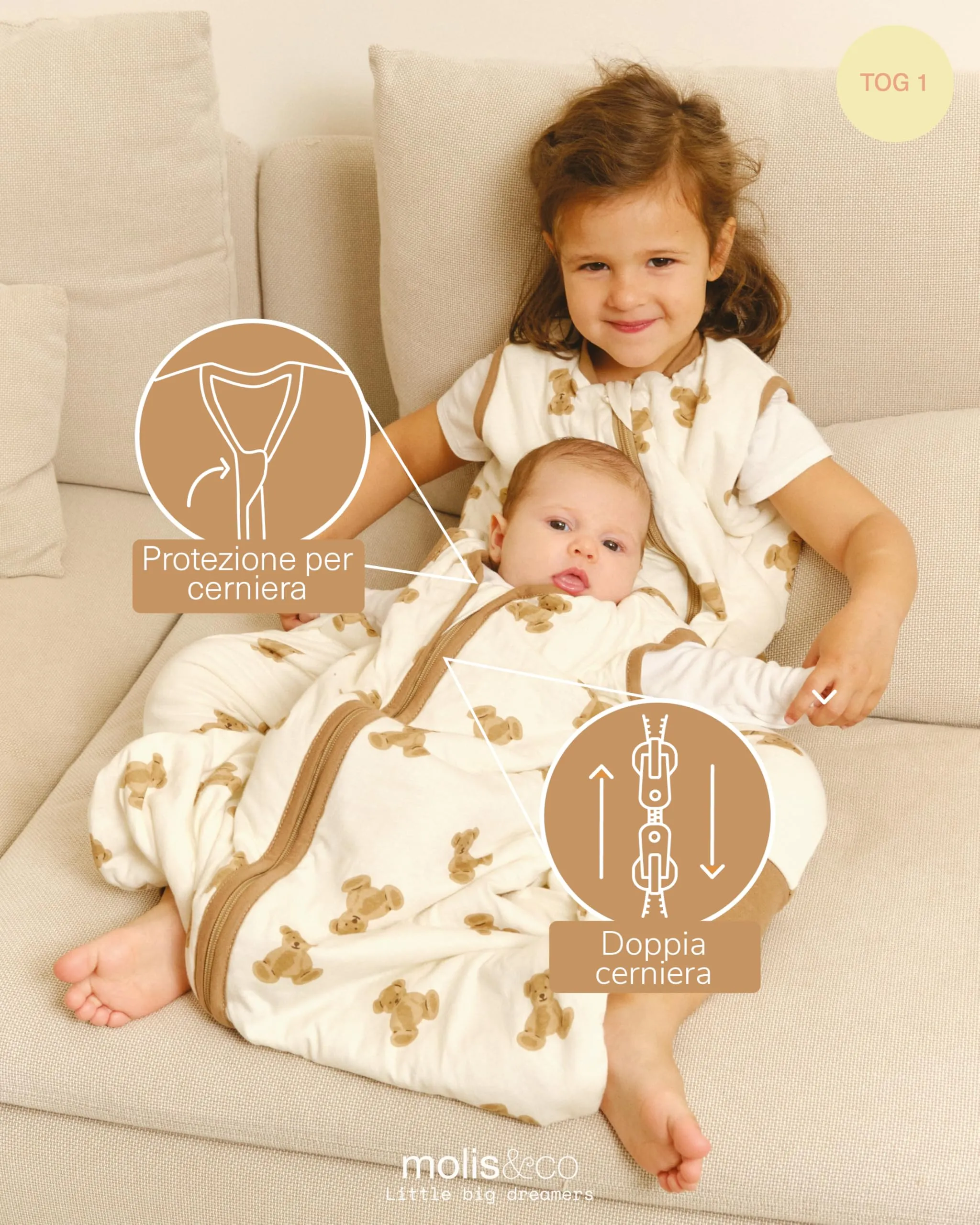 molis & co Sacco Nanna 1 TOG per Neonato 6-18 mesi, 100% Cotone Oeko-Tex, Teddy - immagine 3
