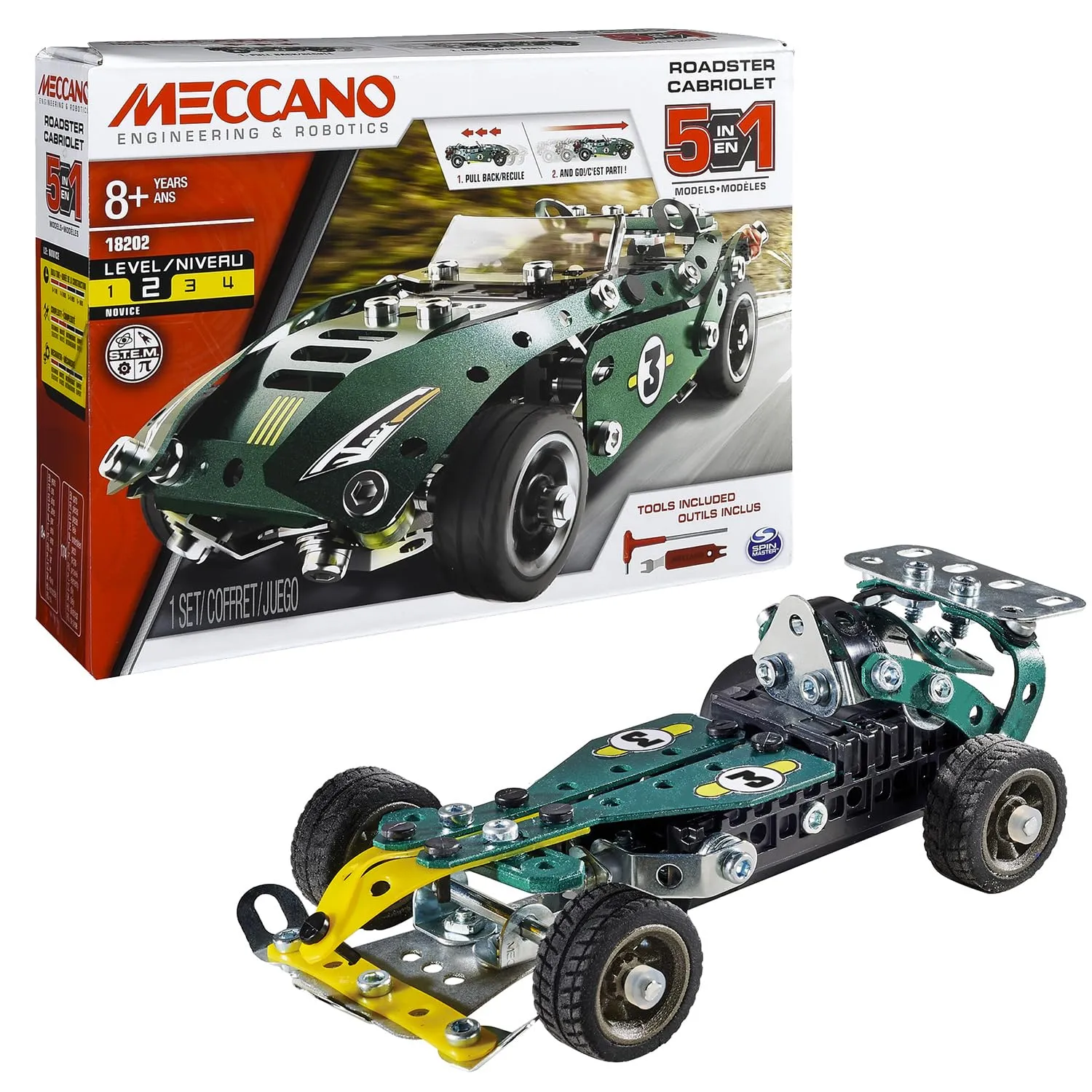 Bandai Meccano Cabriolet Retro Friction Construction Kit, 5 Models, 225 Pieces, APM20102 - immagine 1