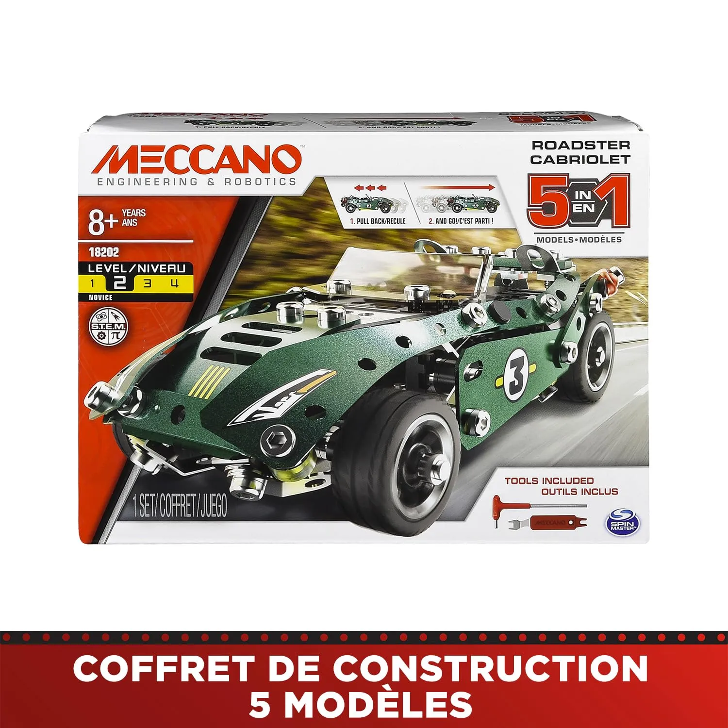 Bandai Meccano Cabriolet Retro Friction Construction Kit, 5 Models, 225 Pieces, APM20102 - immagine 2