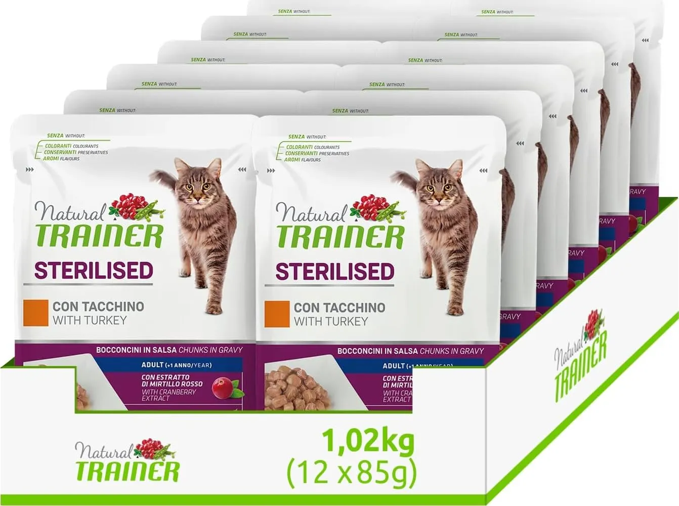 Trainer Natural Sterilised Adult Cibo Umido per Gatti con Tacchino e Fibra di Pisello, 12 x 85 g - immagine 1