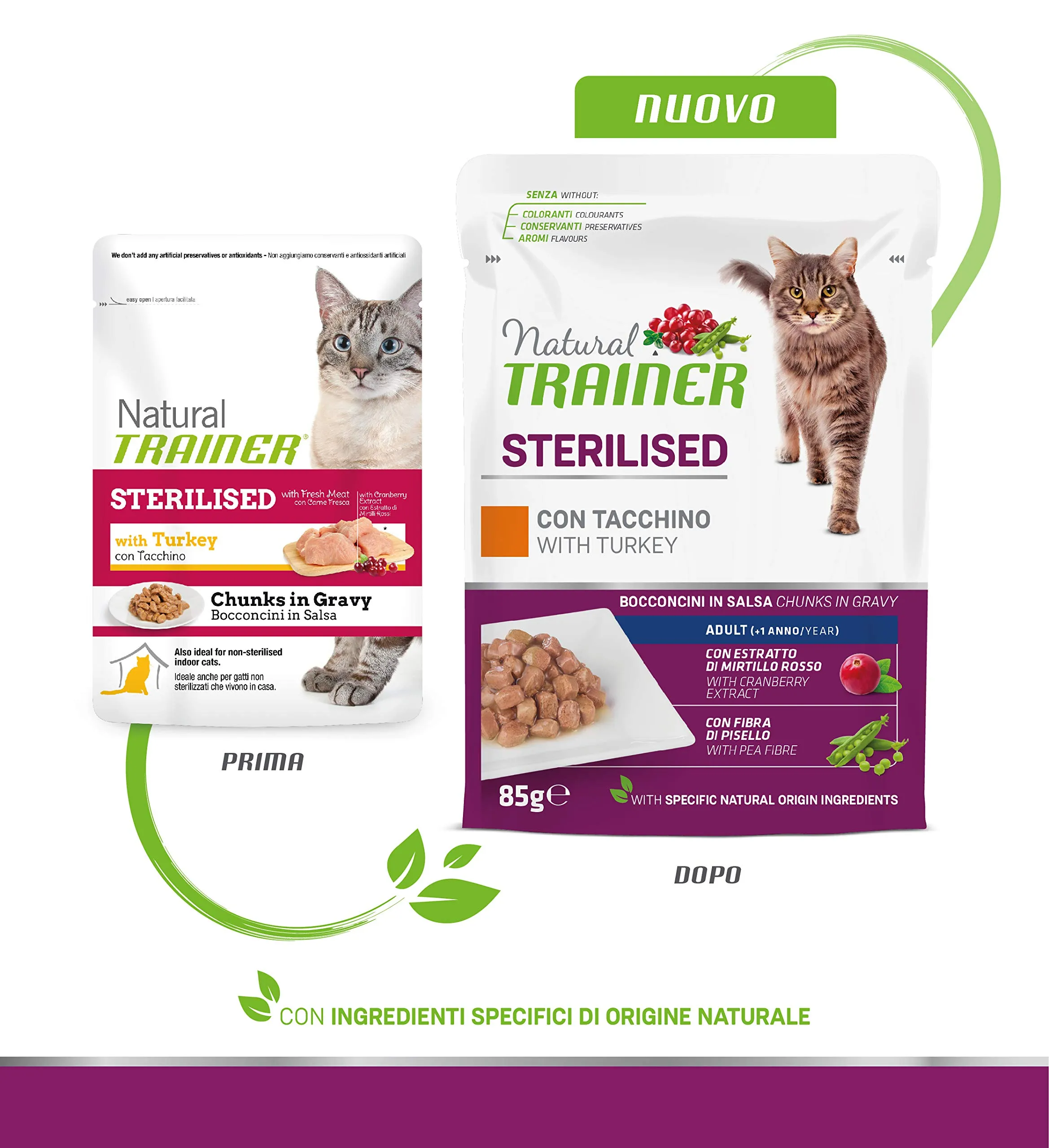 Trainer Natural Sterilised Adult Cibo Umido per Gatti con Tacchino e Fibra di Pisello, 12 x 85 g - immagine 3
