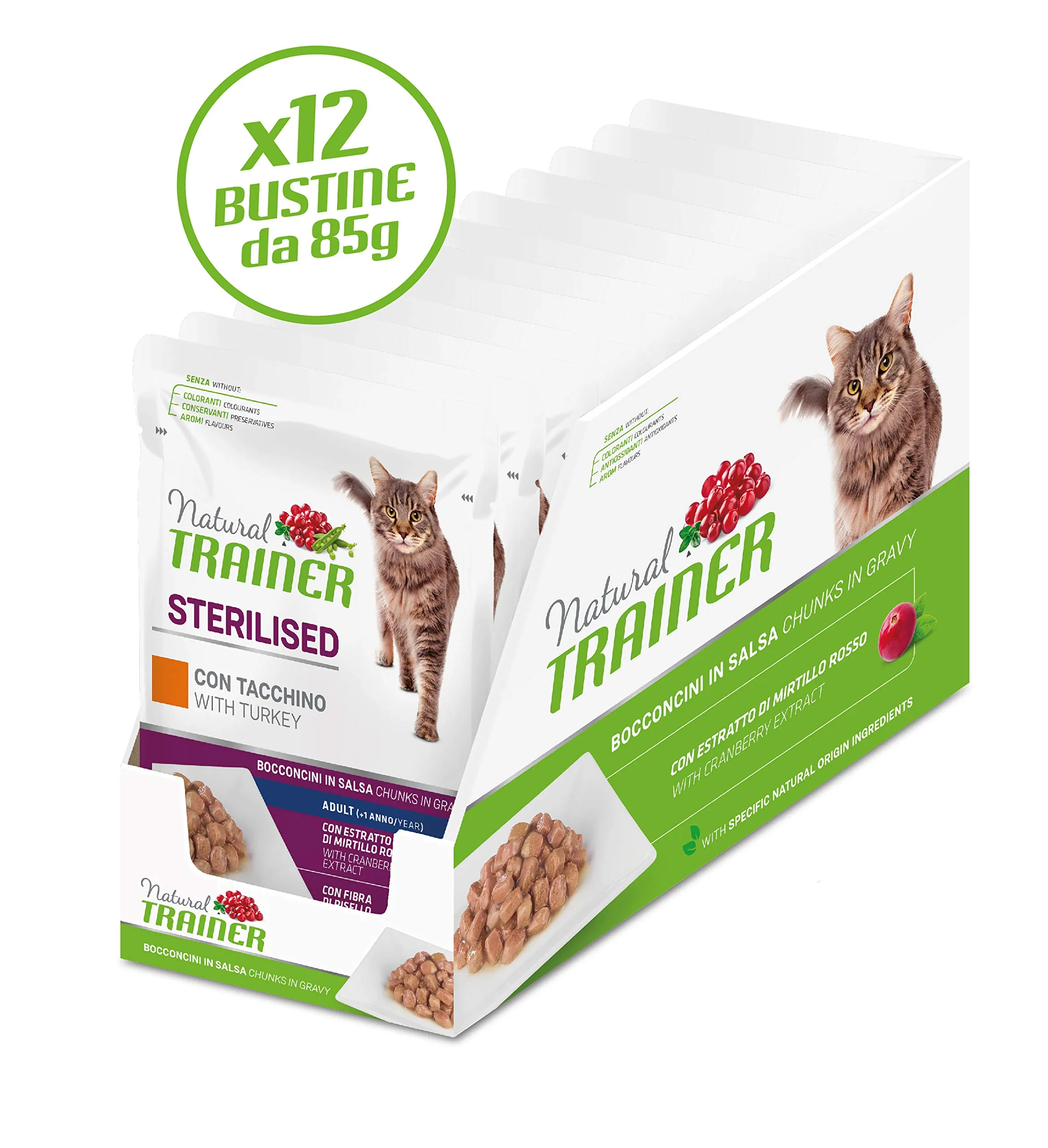 Trainer Natural Sterilised Adult Cibo Umido per Gatti con Tacchino e Fibra di Pisello, 12 x 85 g - immagine 5