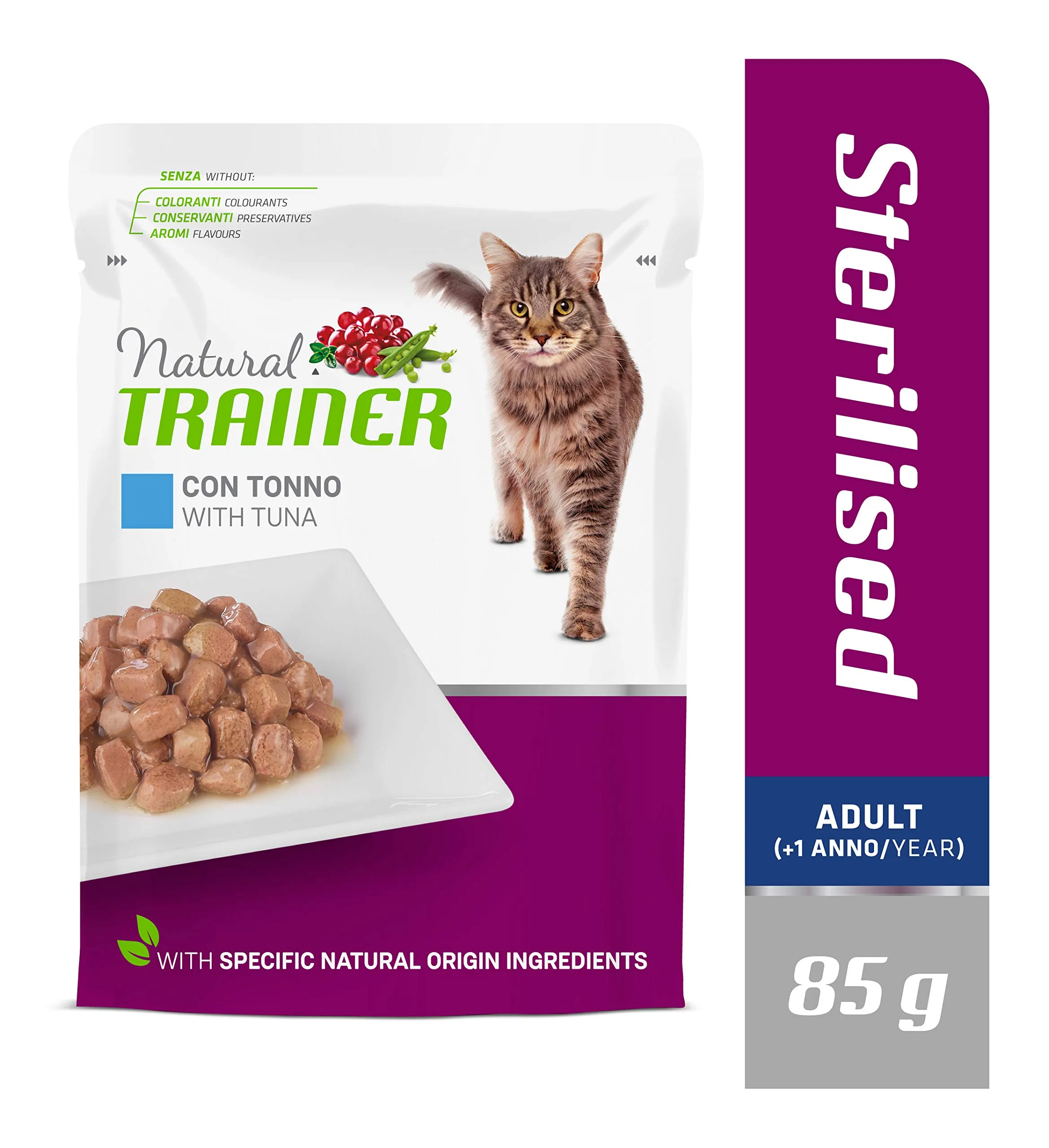 Trainer Natural Sterilised Adult Wet Cat Food with Tuna and Pea Fiber, 12 x 85 g - immagine 2