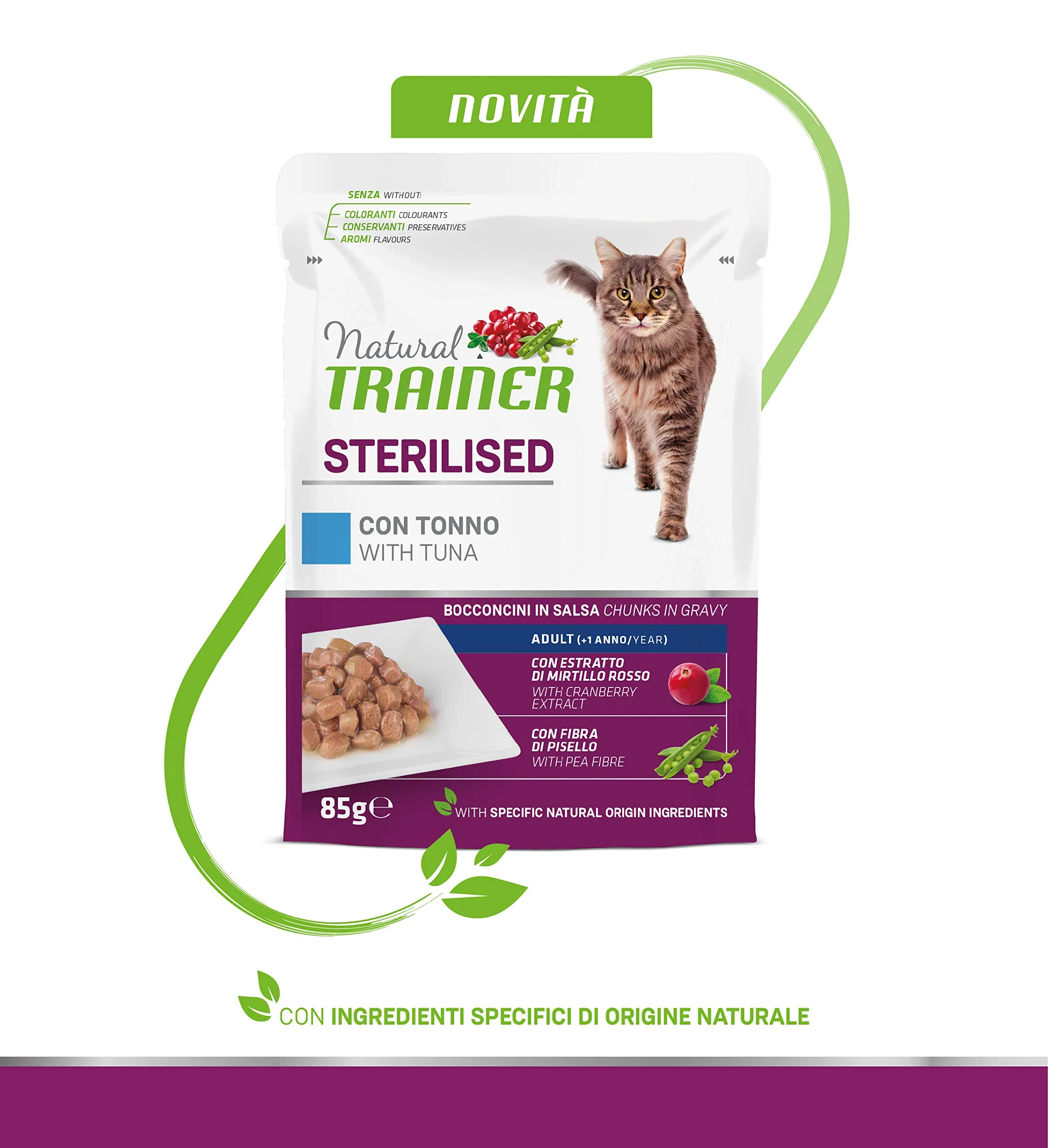Trainer Natural Sterilised Adult Wet Cat Food with Tuna and Pea Fiber, 12 x 85 g - immagine 3