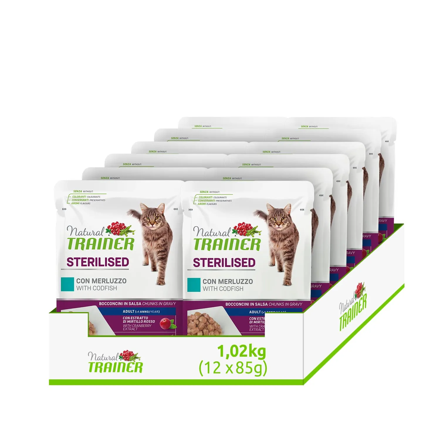 Trainer Natural Sterilised Adult Wet Cat Food with Cod and Pea Fiber, 12 x 85 g - immagine 1