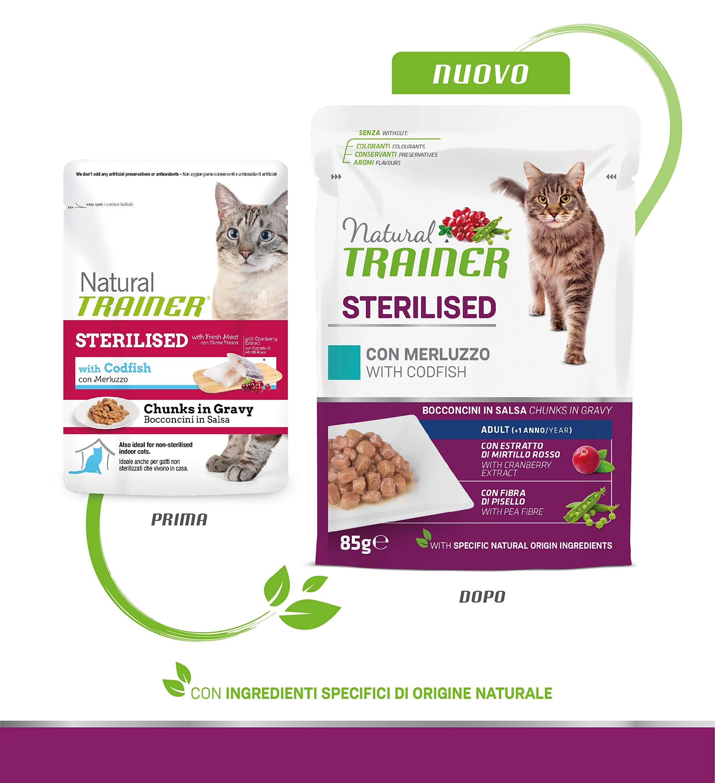 Trainer Natural Sterilised Adult Wet Cat Food with Cod and Pea Fiber, 12 x 85 g - immagine 3