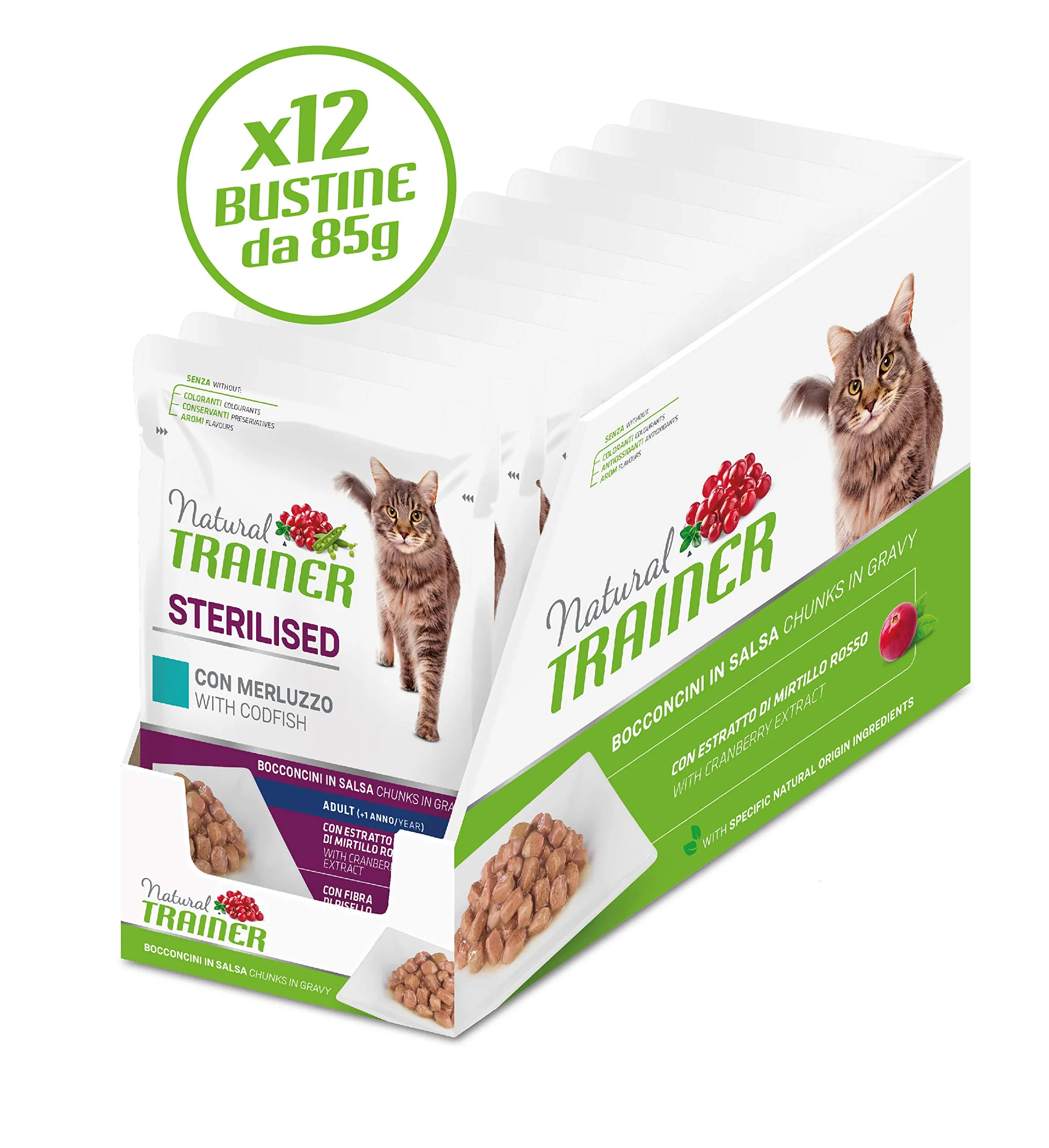Trainer Natural Sterilised Adult Wet Cat Food with Cod and Pea Fiber, 12 x 85 g - immagine 5