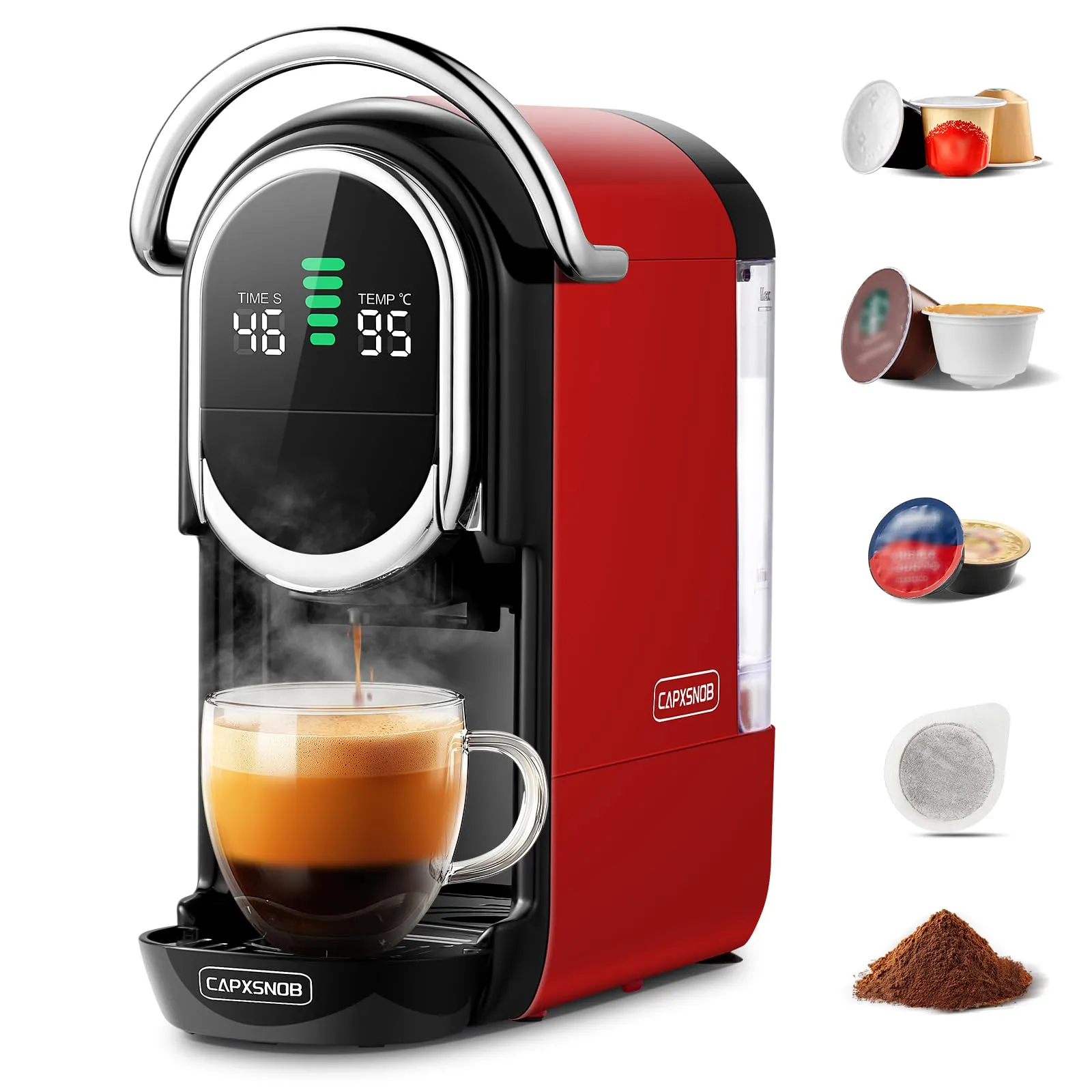 CAPXSNOB Magician1 Mini Macchina da Caffè 5in1 per Nespresso Originali, Dolce Gusto, Lavazza A Modo Mio, ESE 44 e Caffè Macinato, 20 Bar, 1450W, Display LED, Rosso - immagine 1