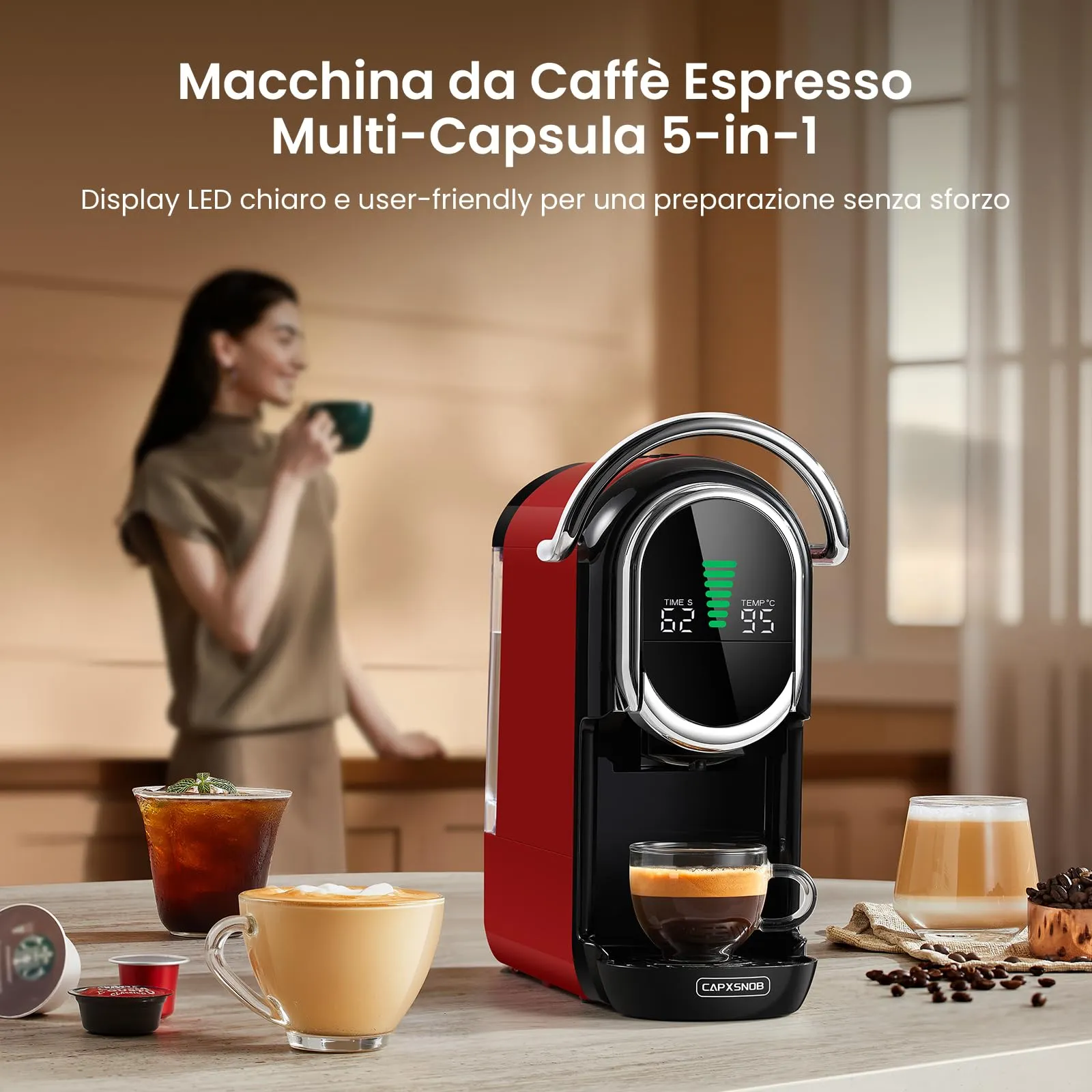CAPXSNOB Magician1 Mini Macchina da Caffè 5in1 per Nespresso Originali, Dolce Gusto, Lavazza A Modo Mio, ESE 44 e Caffè Macinato, 20 Bar, 1450W, Display LED, Rosso - immagine 3