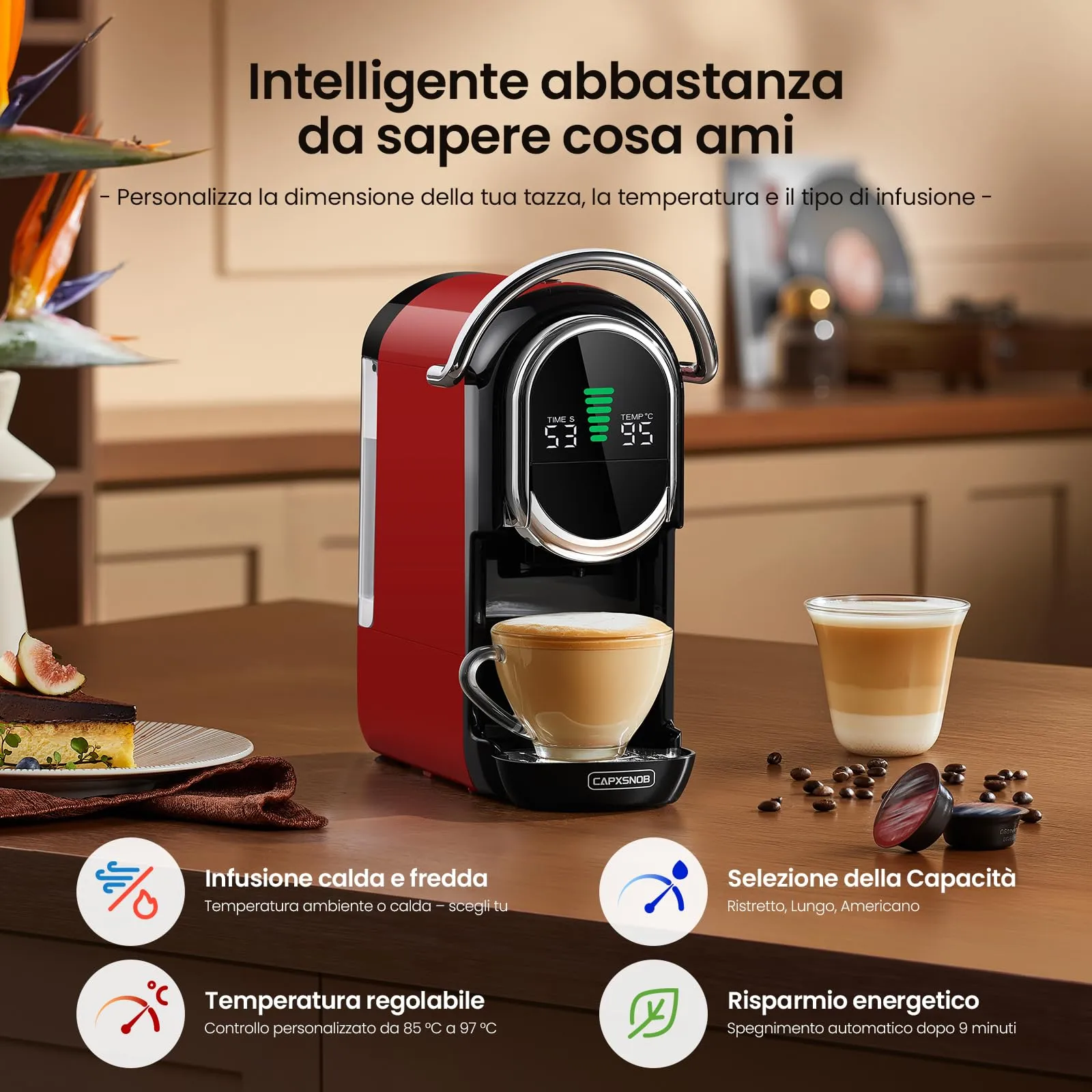 CAPXSNOB Magician1 Mini Macchina da Caffè 5in1 per Nespresso Originali, Dolce Gusto, Lavazza A Modo Mio, ESE 44 e Caffè Macinato, 20 Bar, 1450W, Display LED, Rosso - immagine 4