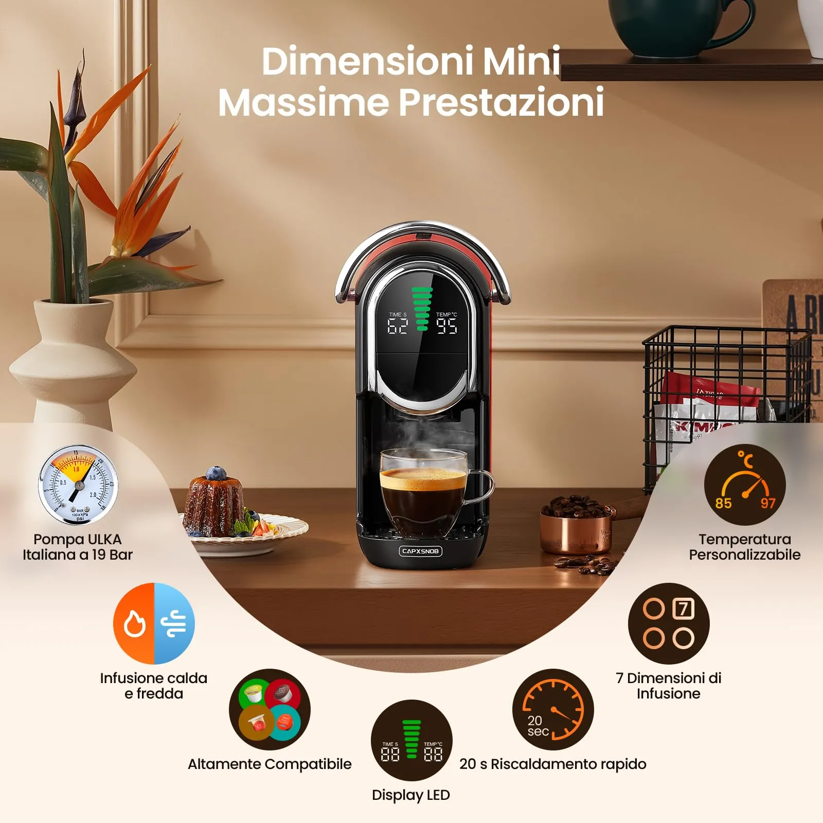 CAPXSNOB Magician1 Mini Macchina da Caffè 5in1 per Nespresso Originali, Dolce Gusto, Lavazza A Modo Mio, ESE 44 e Caffè Macinato, 20 Bar, 1450W, Display LED, Rosso - immagine 5
