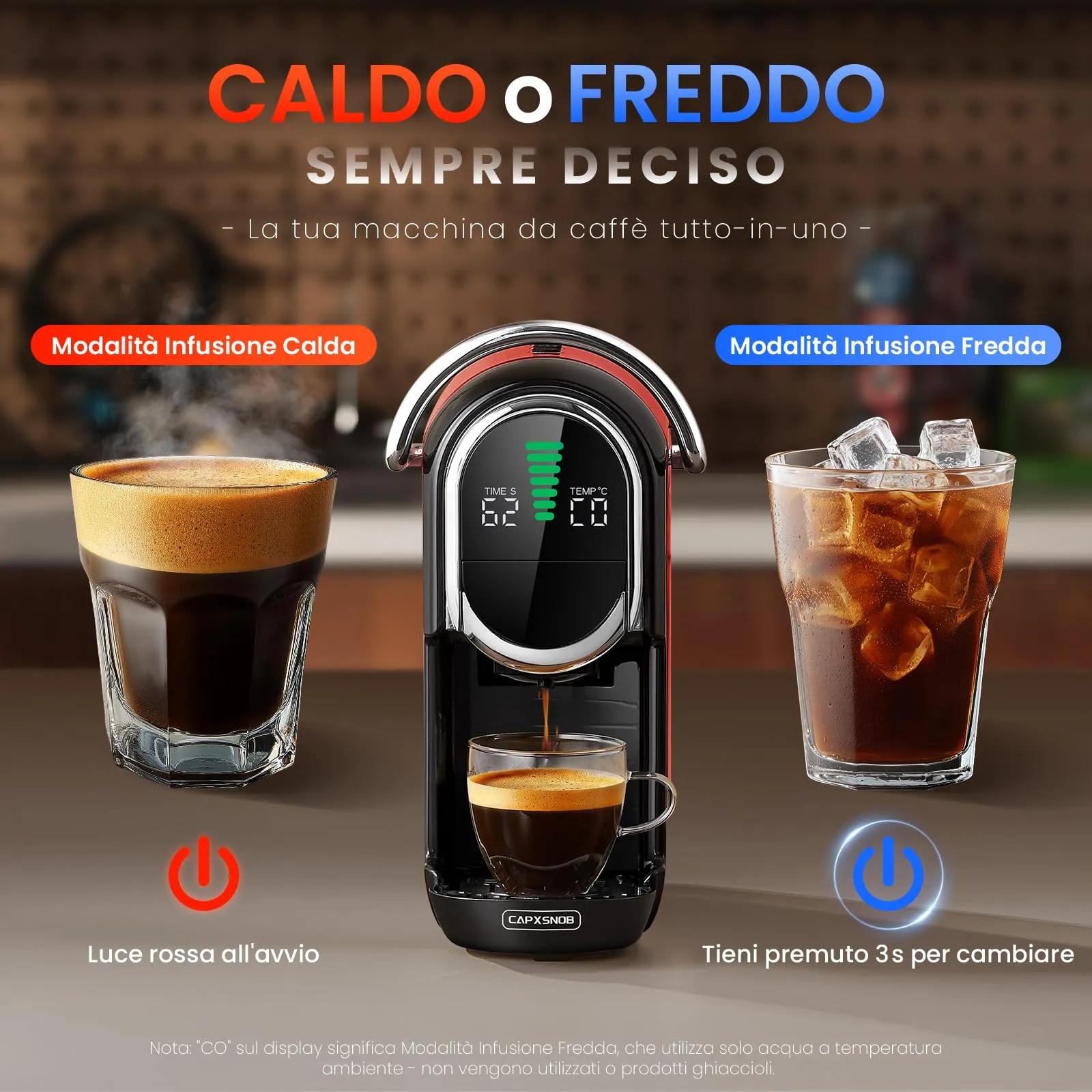 CAPXSNOB Magician1 Mini Macchina da Caffè 5in1 per Nespresso Originali, Dolce Gusto, Lavazza A Modo Mio, ESE 44 e Caffè Macinato, 20 Bar, 1450W, Display LED, Rosso - immagine 6