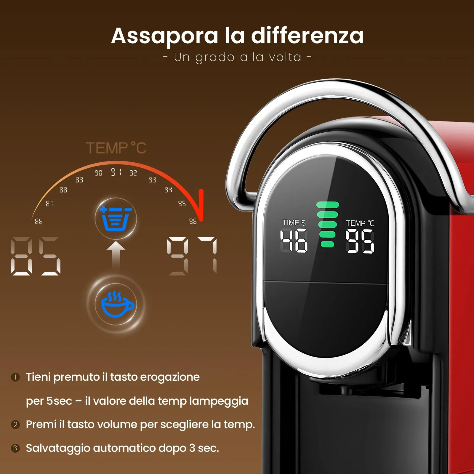 CAPXSNOB Magician1 Mini Macchina da Caffè 5in1 per Nespresso Originali, Dolce Gusto, Lavazza A Modo Mio, ESE 44 e Caffè Macinato, 20 Bar, 1450W, Display LED, Rosso - immagine 7