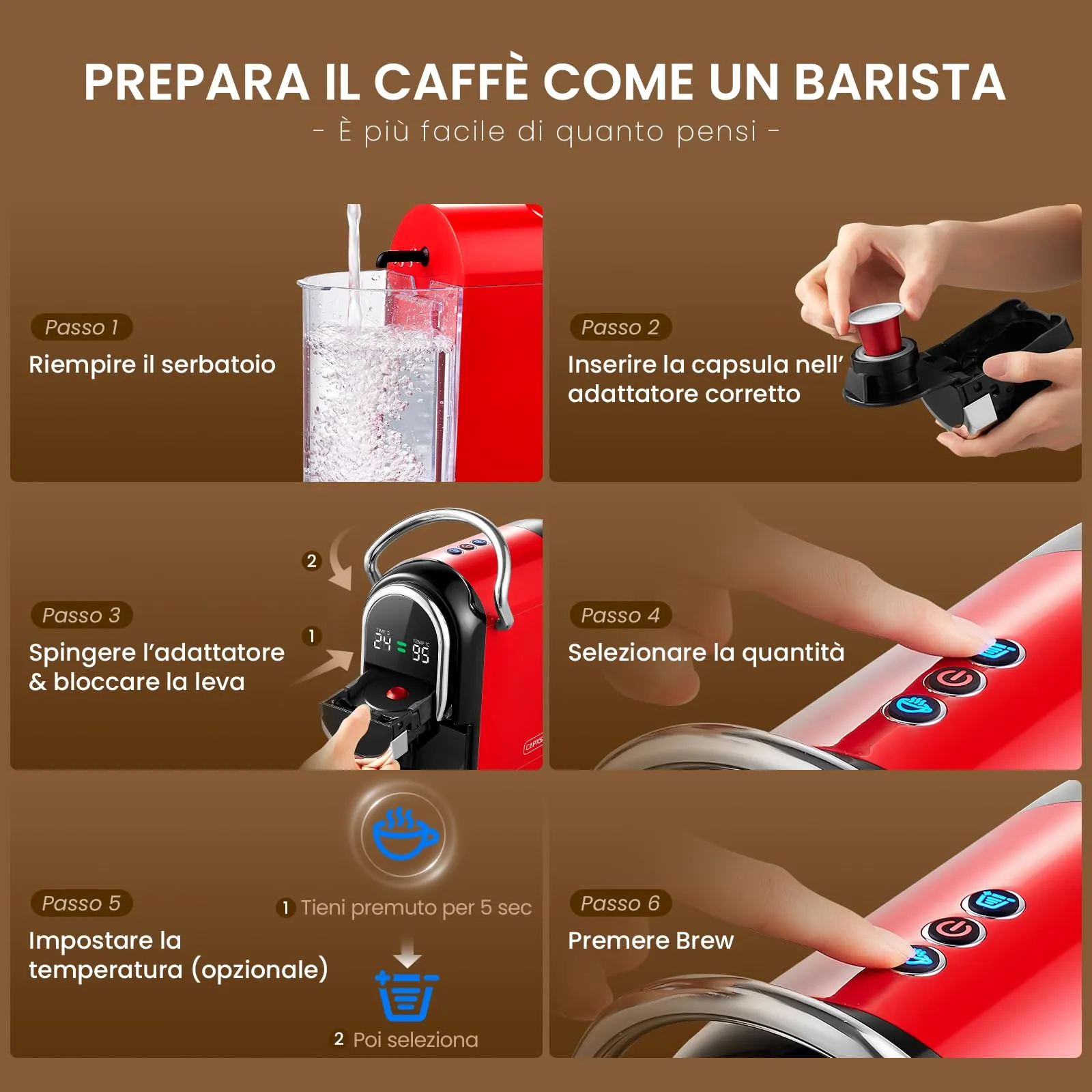 CAPXSNOB Magician1 Mini Macchina da Caffè 5in1 per Nespresso Originali, Dolce Gusto, Lavazza A Modo Mio, ESE 44 e Caffè Macinato, 20 Bar, 1450W, Display LED, Rosso - immagine 8