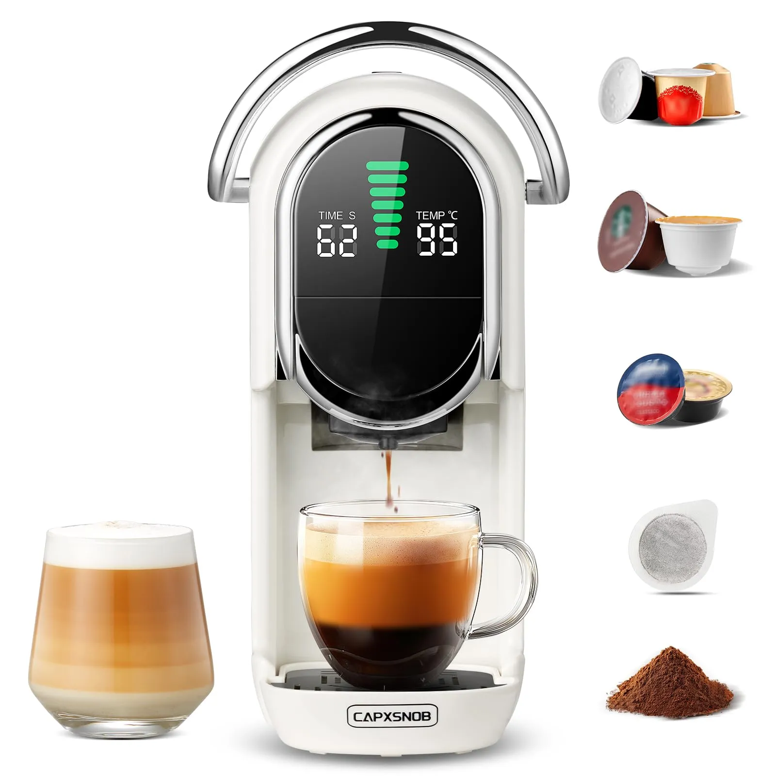 CAPXSNOB Magician1 Mini Macchina da Caffè 5in1 per Nespresso Originali, Dolce Gusto, Lavazza A Modo Mio, ESE 44 e Caffè Macinato, 20 Bar, 1450W, Display LED, Bianco Avorio - immagine 1