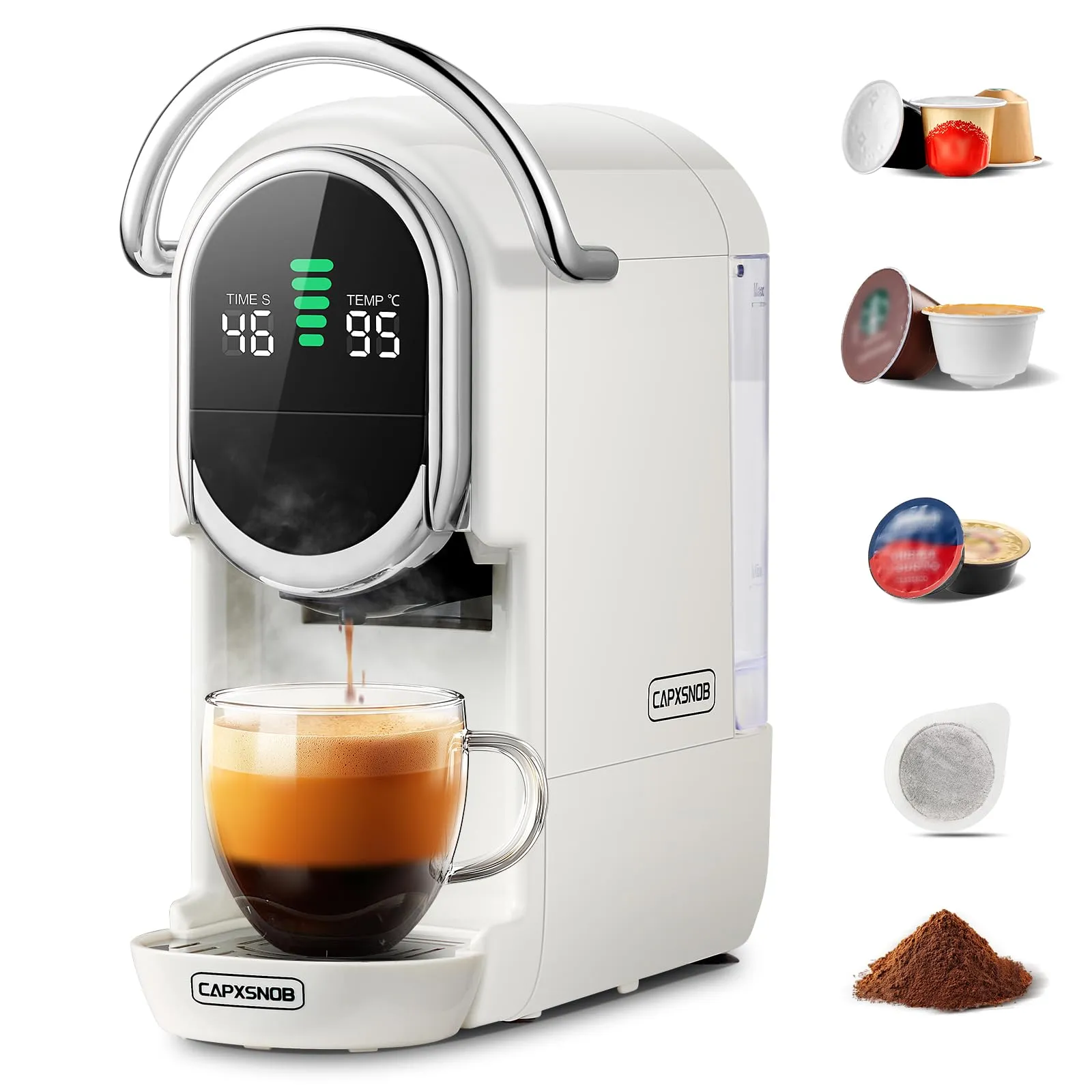 CAPXSNOB Magician1 Mini Macchina da Caffè 5in1 per Nespresso Originali, Dolce Gusto, Lavazza A Modo Mio, ESE 44 e Caffè Macinato, 20 Bar, 1450W, Display LED, Bianco Avorio - immagine 2
