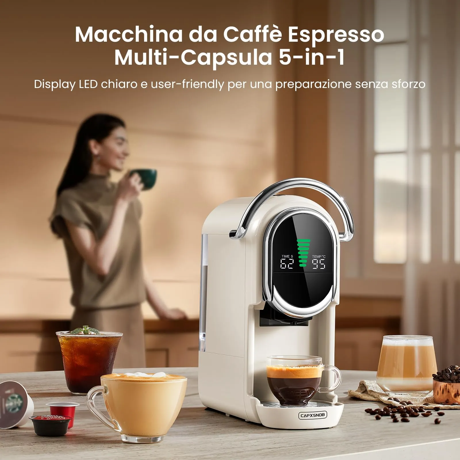 CAPXSNOB Magician1 Mini Macchina da Caffè 5in1 per Nespresso Originali, Dolce Gusto, Lavazza A Modo Mio, ESE 44 e Caffè Macinato, 20 Bar, 1450W, Display LED, Bianco Avorio - immagine 4