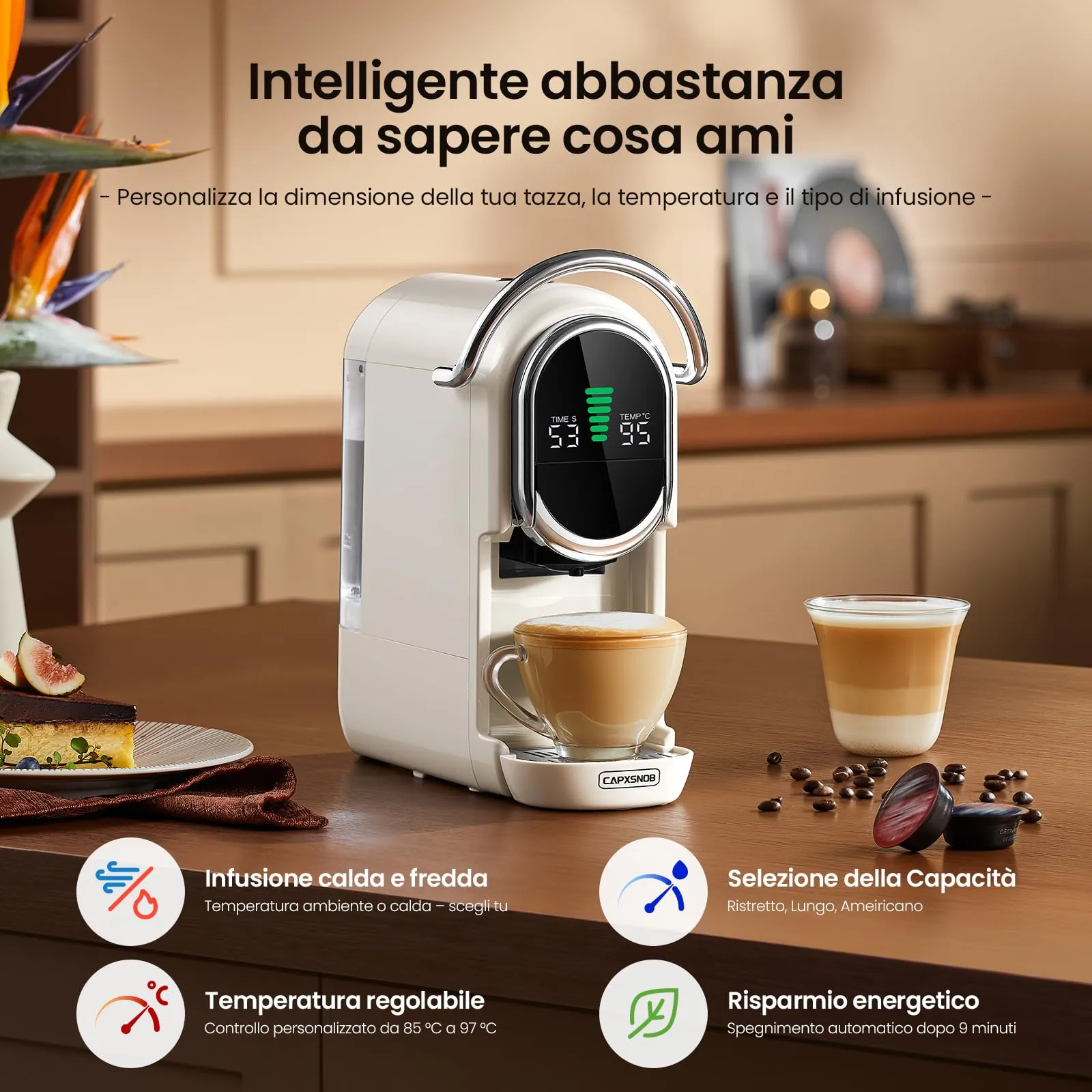 CAPXSNOB Magician1 Mini Macchina da Caffè 5in1 per Nespresso Originali, Dolce Gusto, Lavazza A Modo Mio, ESE 44 e Caffè Macinato, 20 Bar, 1450W, Display LED, Bianco Avorio - immagine 5