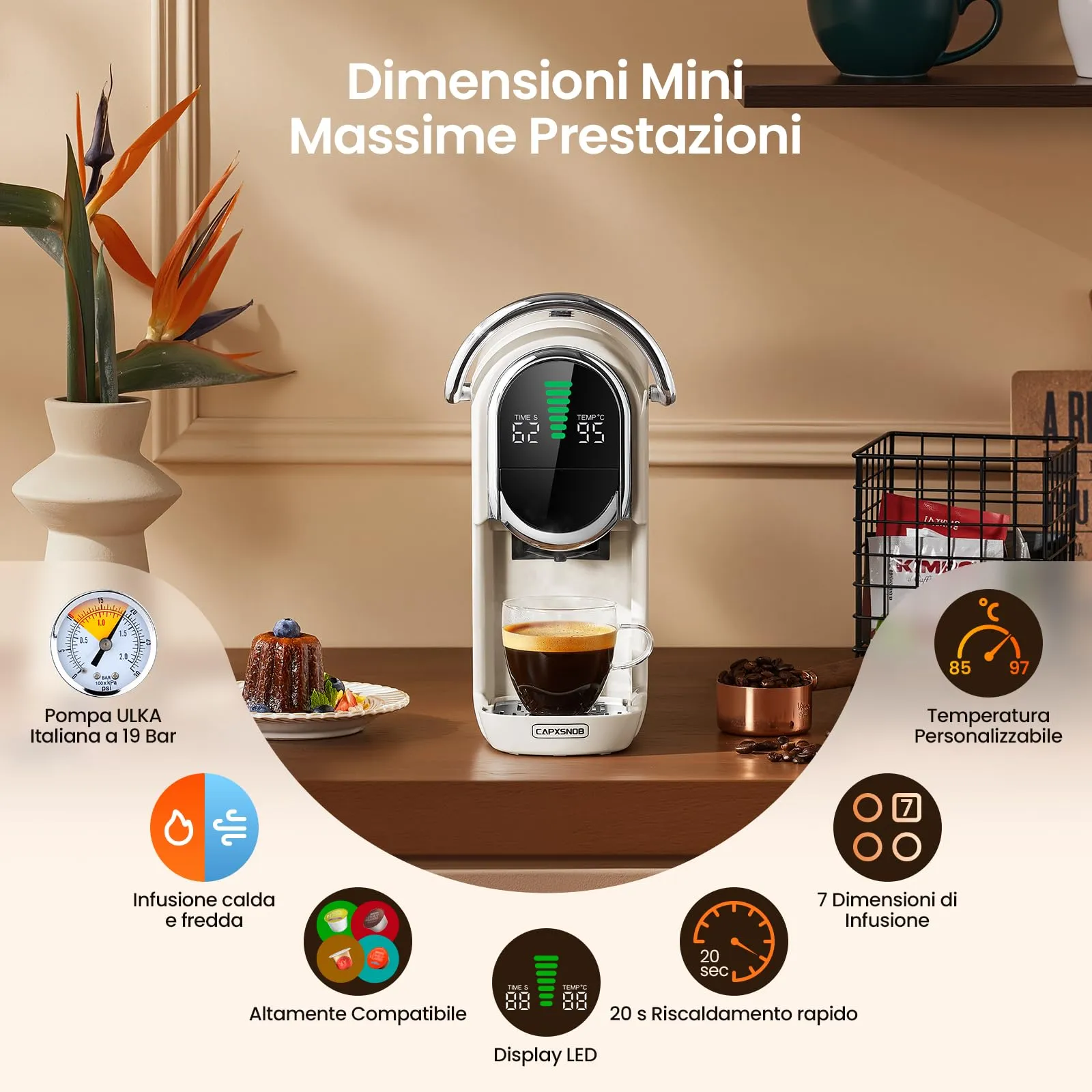 CAPXSNOB Magician1 Mini Macchina da Caffè 5in1 per Nespresso Originali, Dolce Gusto, Lavazza A Modo Mio, ESE 44 e Caffè Macinato, 20 Bar, 1450W, Display LED, Bianco Avorio - immagine 6