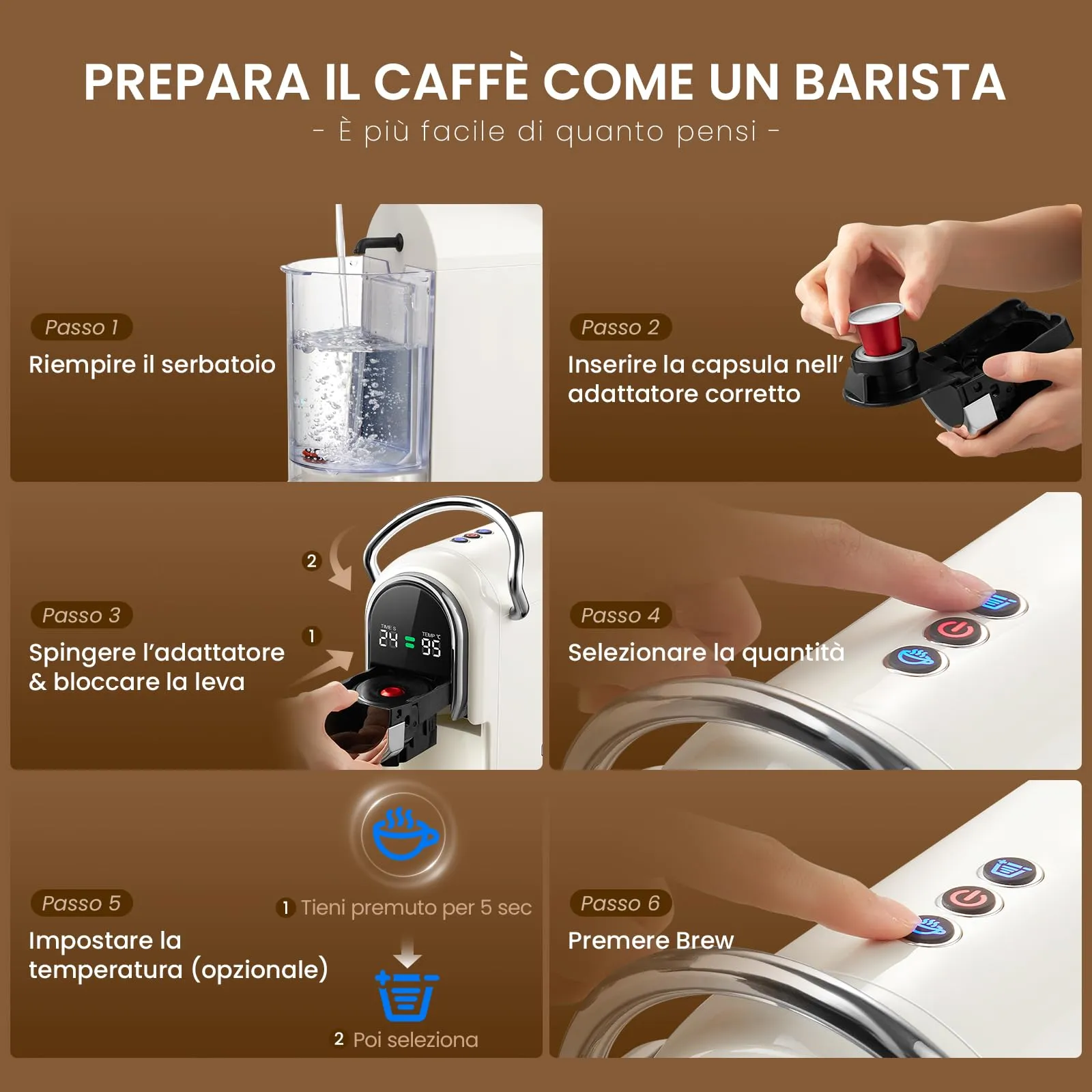 CAPXSNOB Magician1 Mini Macchina da Caffè 5in1 per Nespresso Originali, Dolce Gusto, Lavazza A Modo Mio, ESE 44 e Caffè Macinato, 20 Bar, 1450W, Display LED, Bianco Avorio - immagine 9