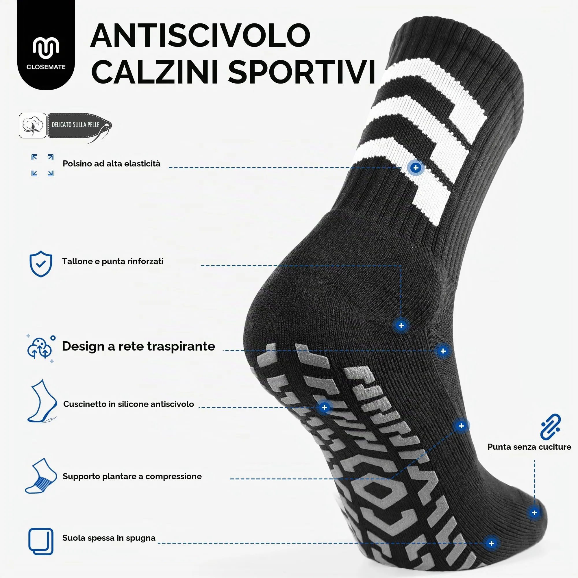 CLOSEMATE Calzini da Calcio Antiscivolo con Grip in Silicone, Nero, Taglia 43-46 - immagine 3