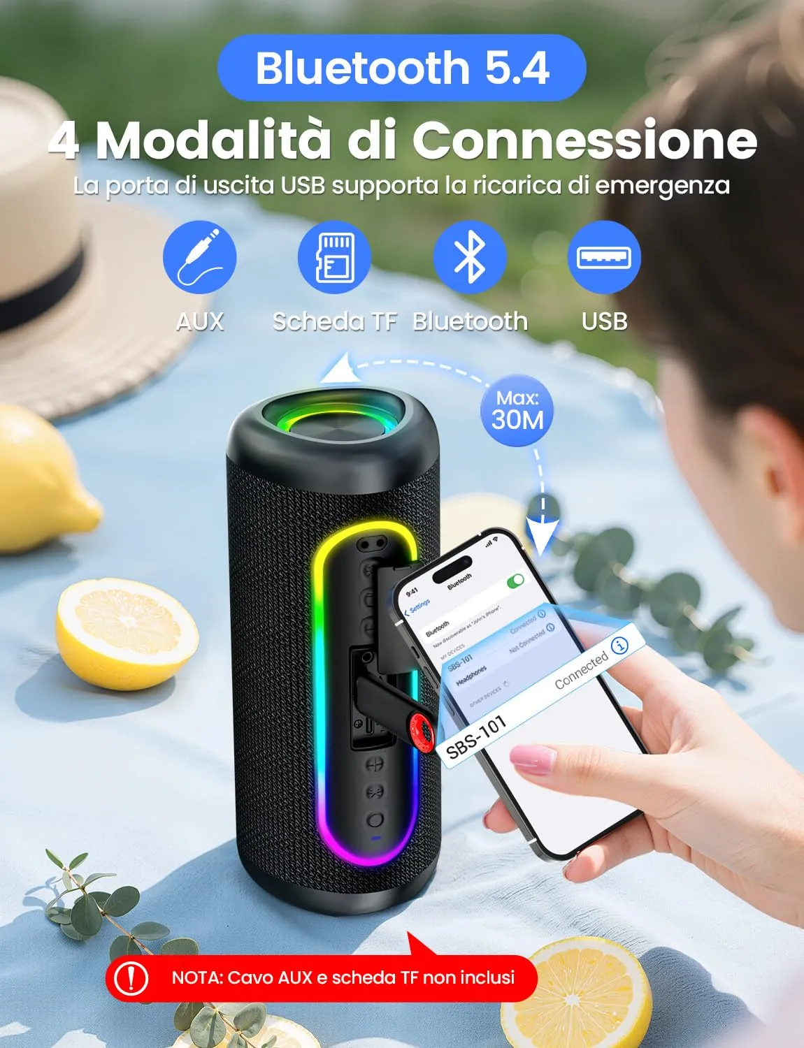 UOHHBOE Altoparlante Bluetooth Portatile 30W IPX5 con Supporto Schede TF - immagine 5