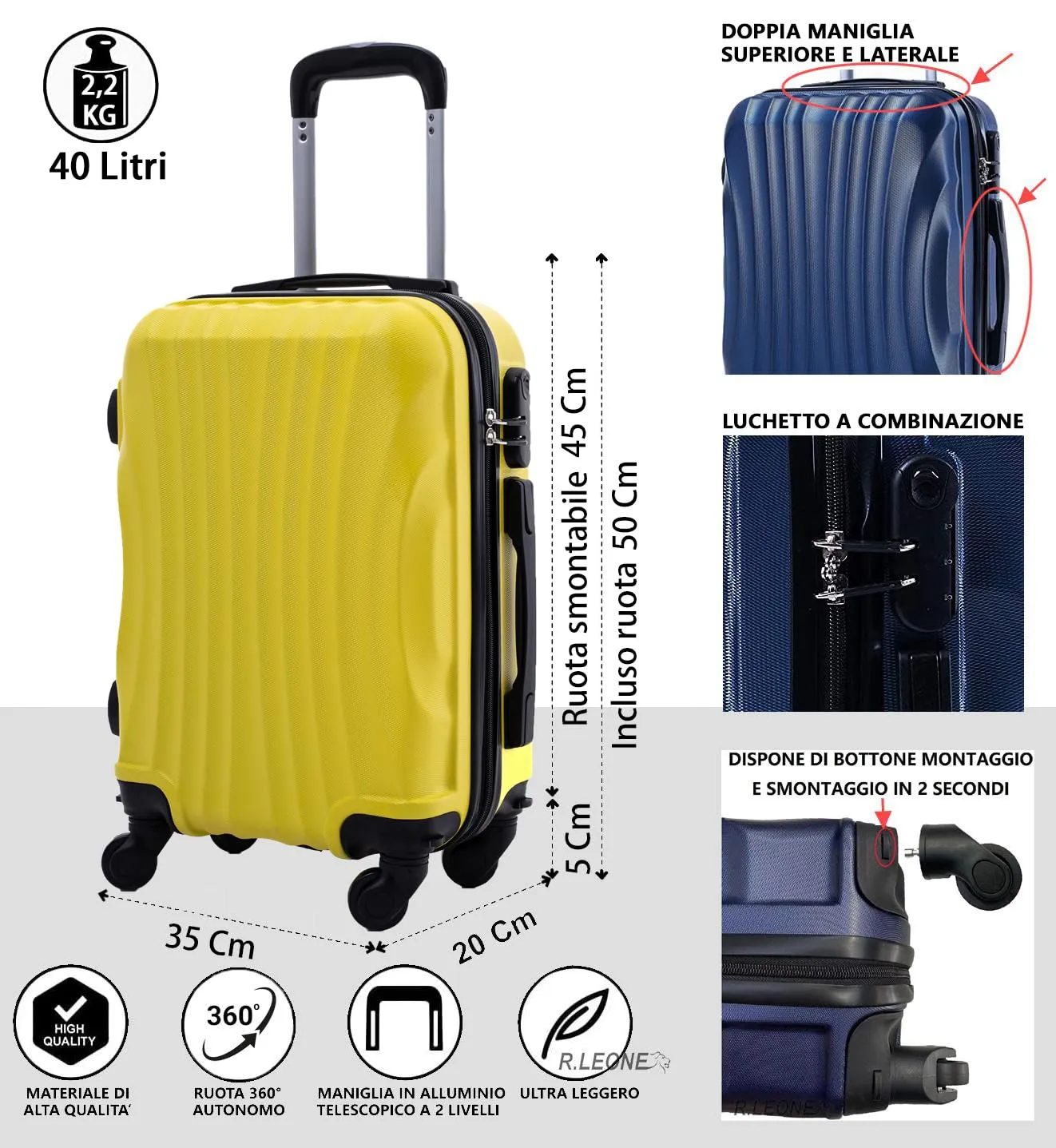 R.Leone EasyJet Valigia Trolley Bagaglio a mano in ABS con 4 Ruote Rimovibili 20374, Giallo, 50x35x20 cm - immagine 2