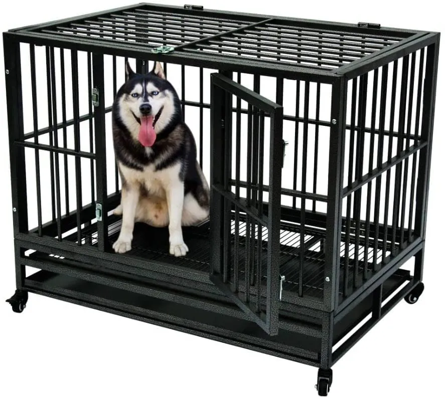 Bunny Business Underdog Gabbia per cani in metallo con tetto e ruote, 91,4 cm, Nero martellato - immagine 4