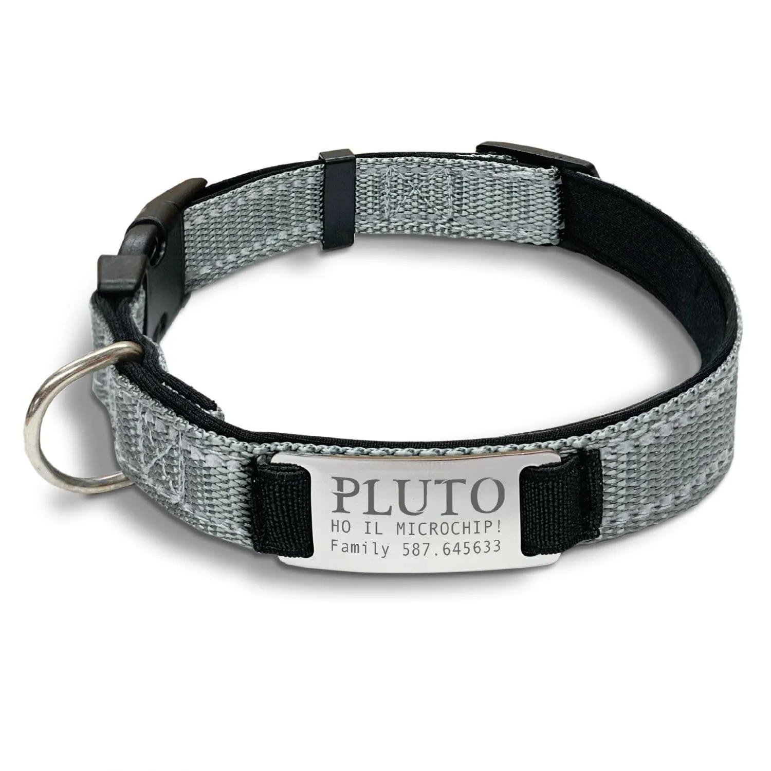 Veneziano Collare Cane Personalizzato con Targhetta in Metallo, Linee Catarifrangenti, Clip in ABS e Gancio per Guinzaglio, Grigio, L - immagine 3