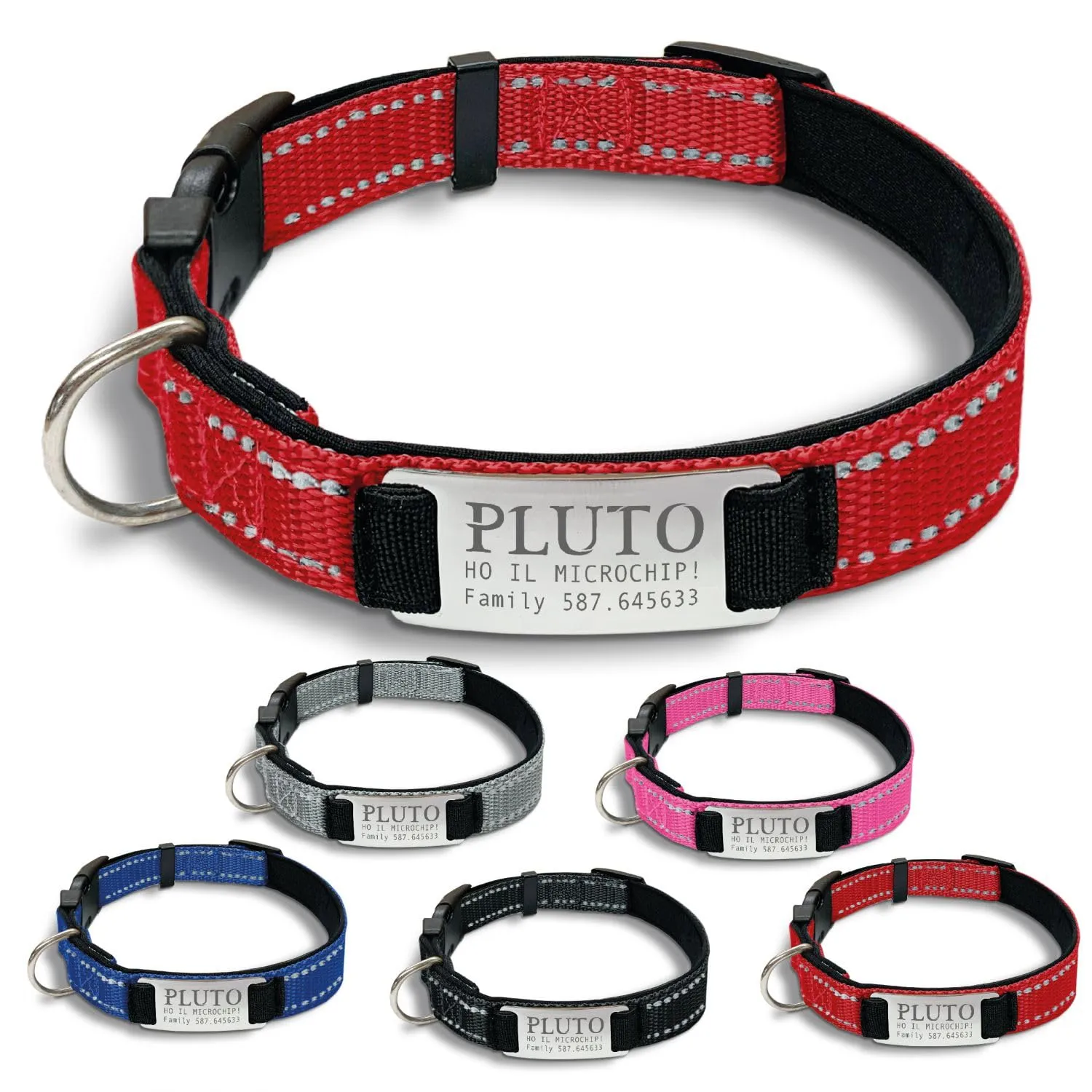 Veneziano Collare Cane Personalizzato con Targhetta in Metallo, Linee Catarifrangenti e Clip in ABS, Rosso, M - immagine 1