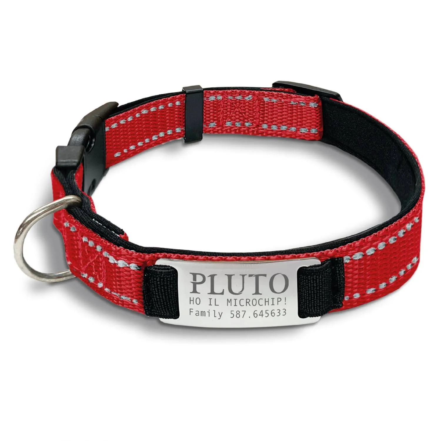 Veneziano Collare Cane Personalizzato con Targhetta in Metallo, Linee Catarifrangenti e Clip in ABS, Rosso, M - immagine 3