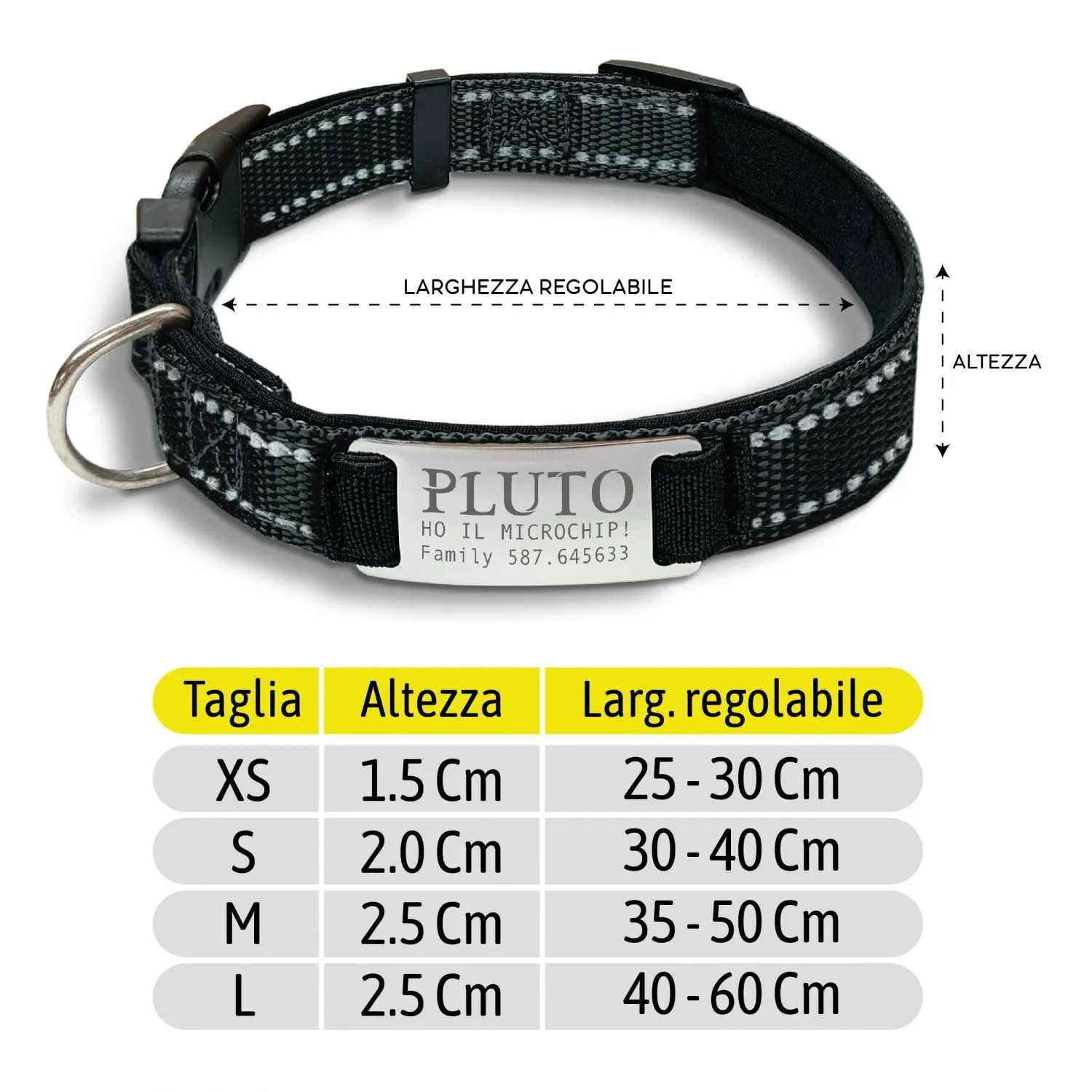 Veneziano Collare Cane Personalizzato con Targhetta in Metallo, Linee Catarifrangenti e Clip in ABS - Nero, S - immagine 2