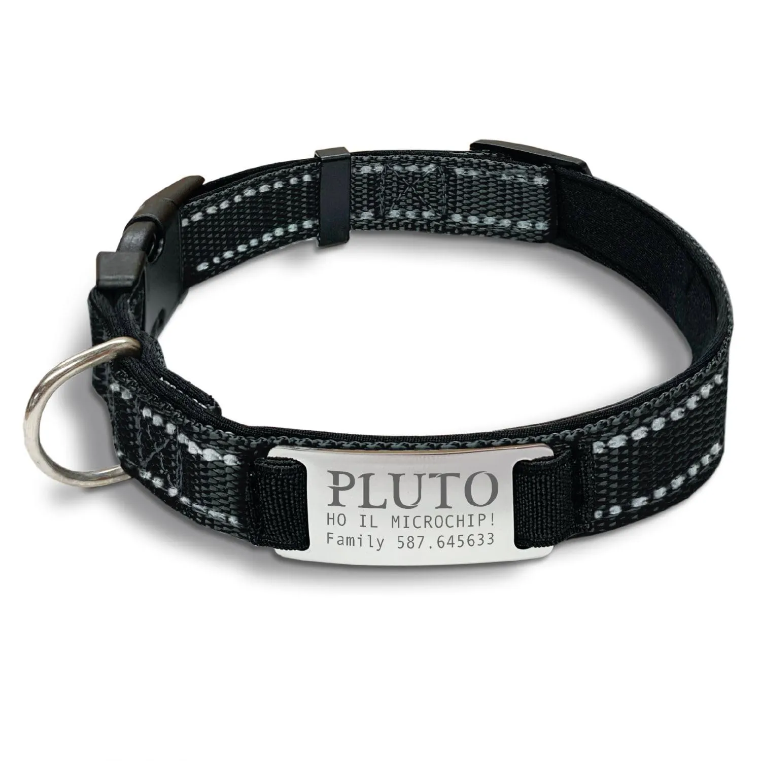 Veneziano Collare Cane Personalizzato con Targhetta in Metallo, Linee Catarifrangenti e Clip in ABS - Nero, S - immagine 3