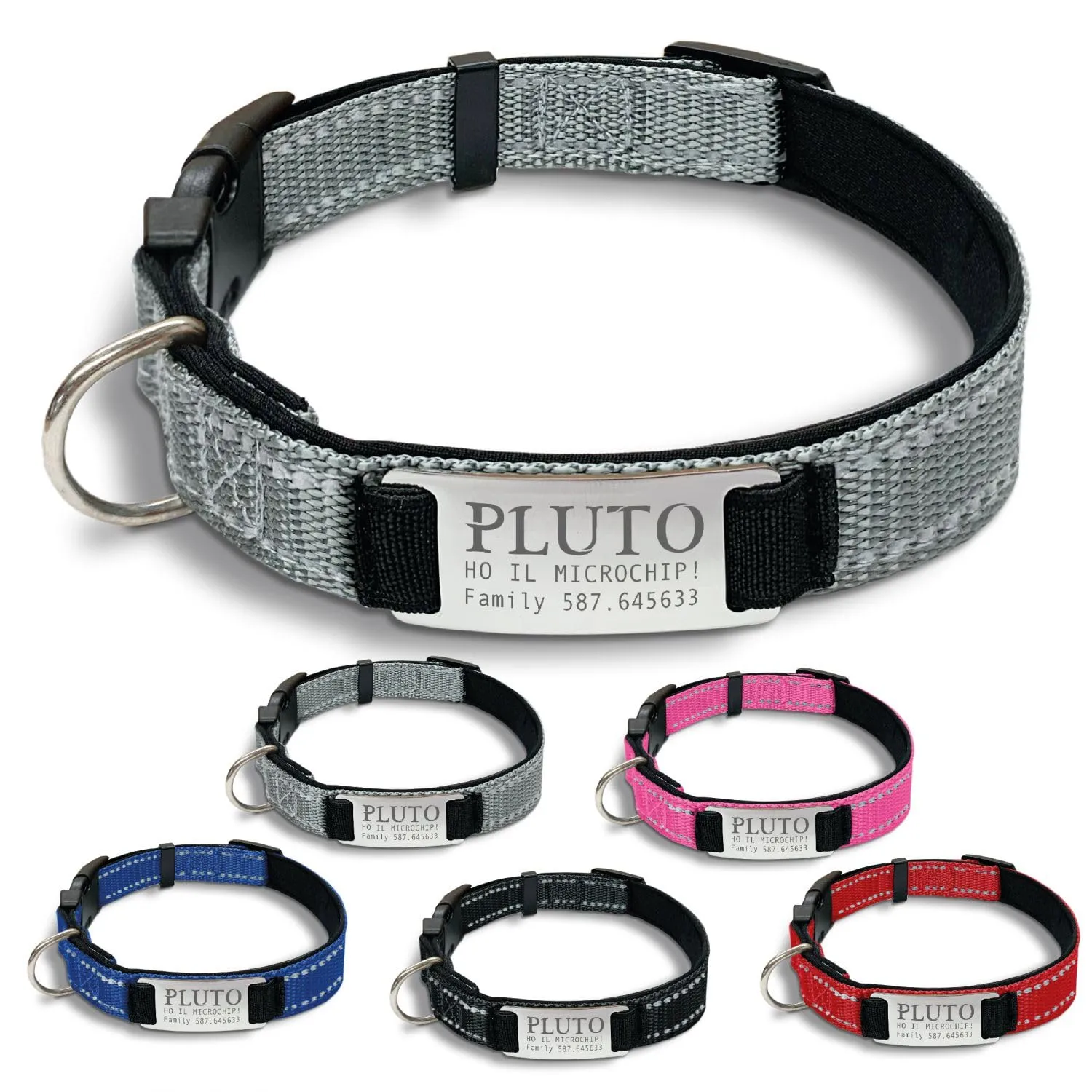 Veneziano Collare Cane Personalizzato con Targhetta in Metallo, Linee Catarifrangenti e Clip in ABS, Grigio, S - immagine 1