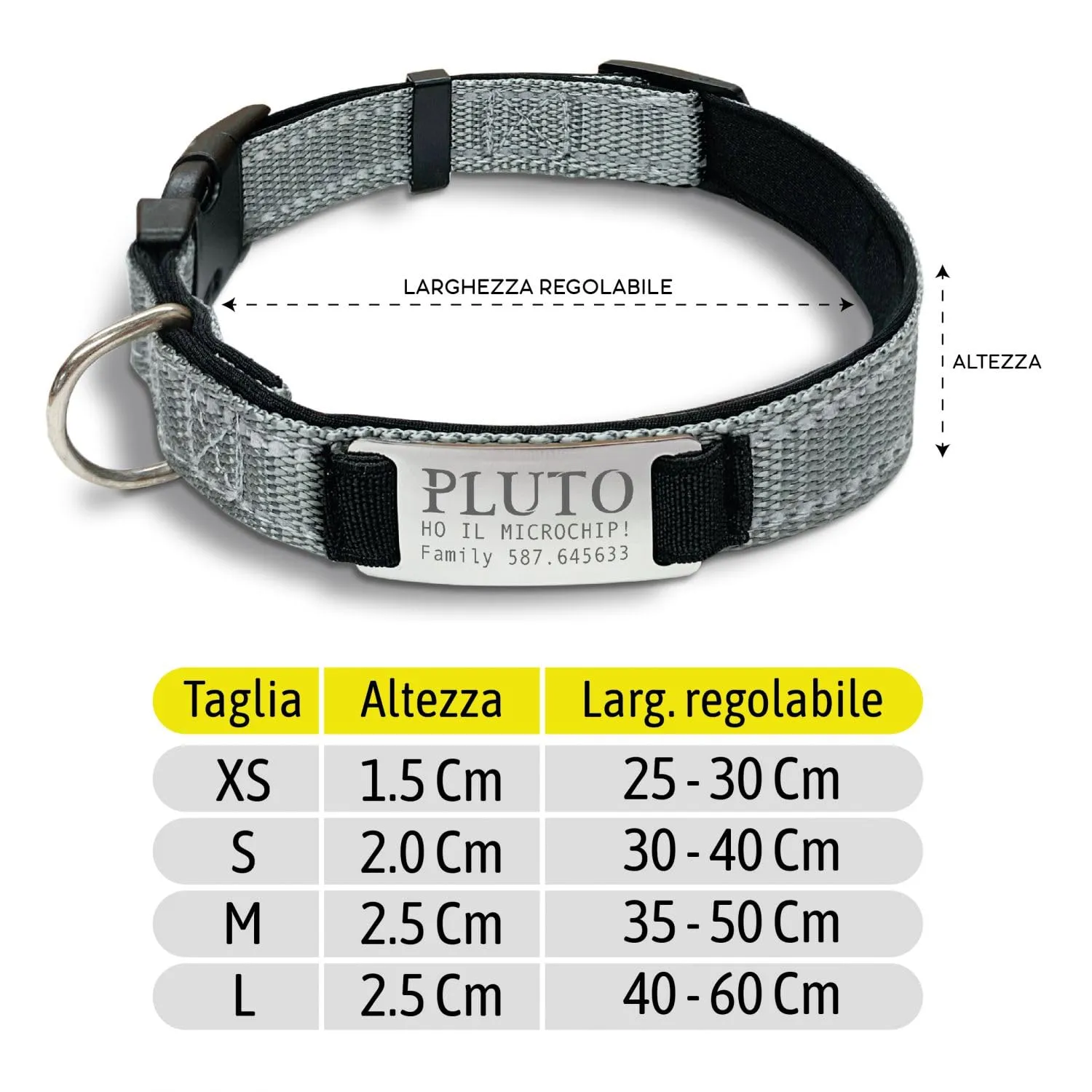 Veneziano Collare Cane Personalizzato con Targhetta in Metallo, Linee Catarifrangenti e Clip in ABS, Grigio, S - immagine 2