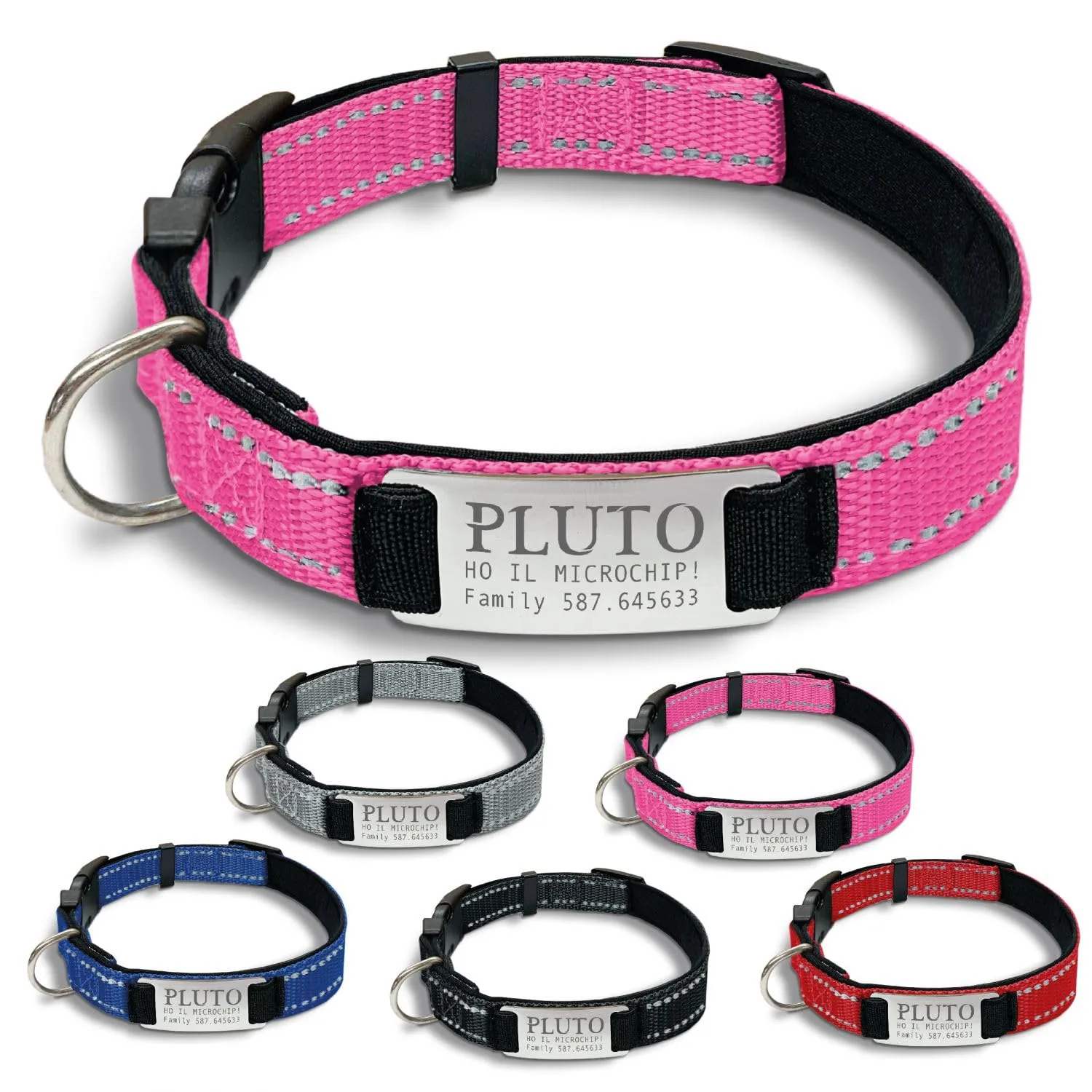Veneziano Collare Cane Personalizzato con Targhetta in Metallo, Linee Catarifrangenti, Clip in ABS e Gancio per Guinzaglio, Rosa, S - immagine 1