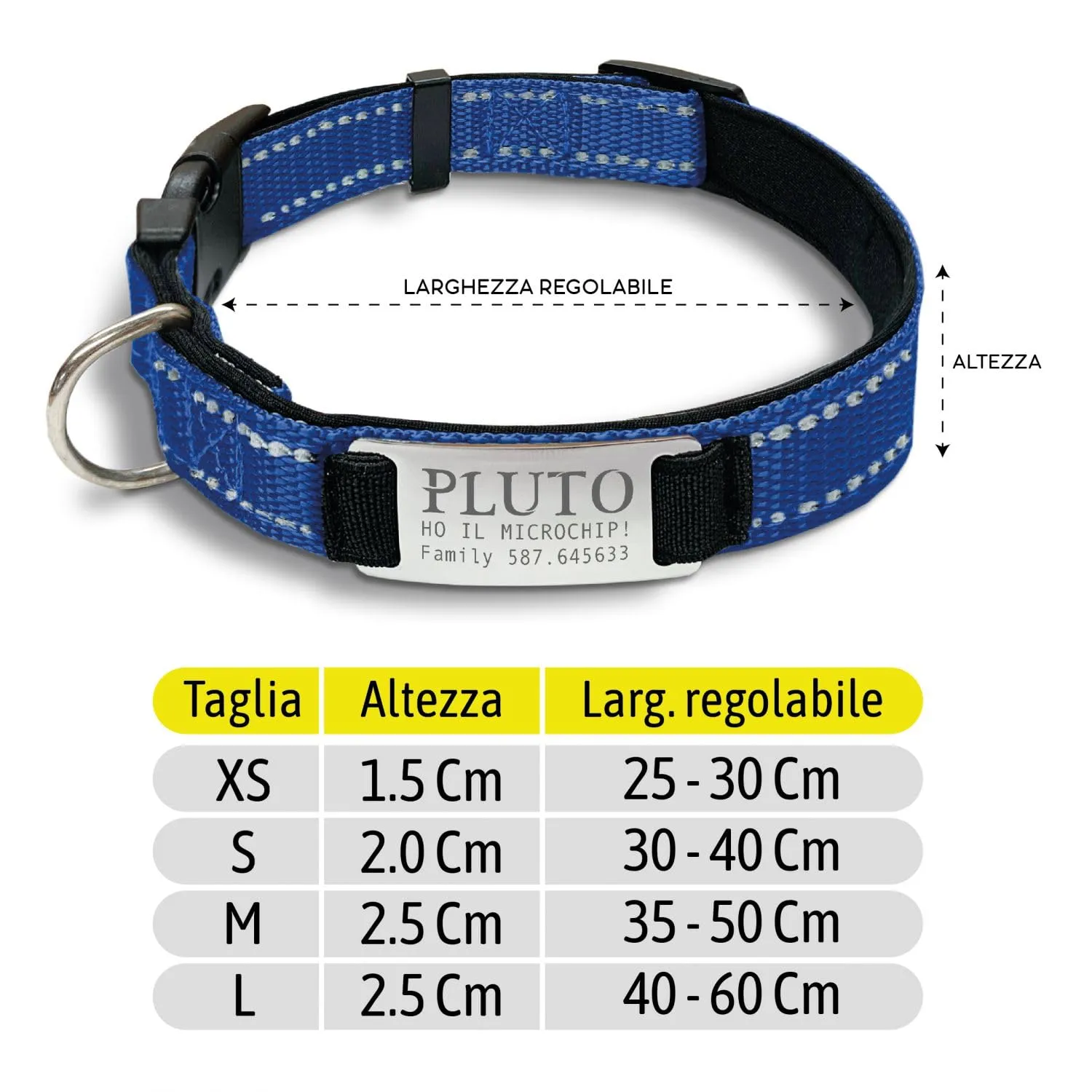 VENEZIANO Collare Cane Personalizzato con Targhetta in Metallo, Linee Catarifrangenti e Clip in ABS, Blue, M - immagine 2