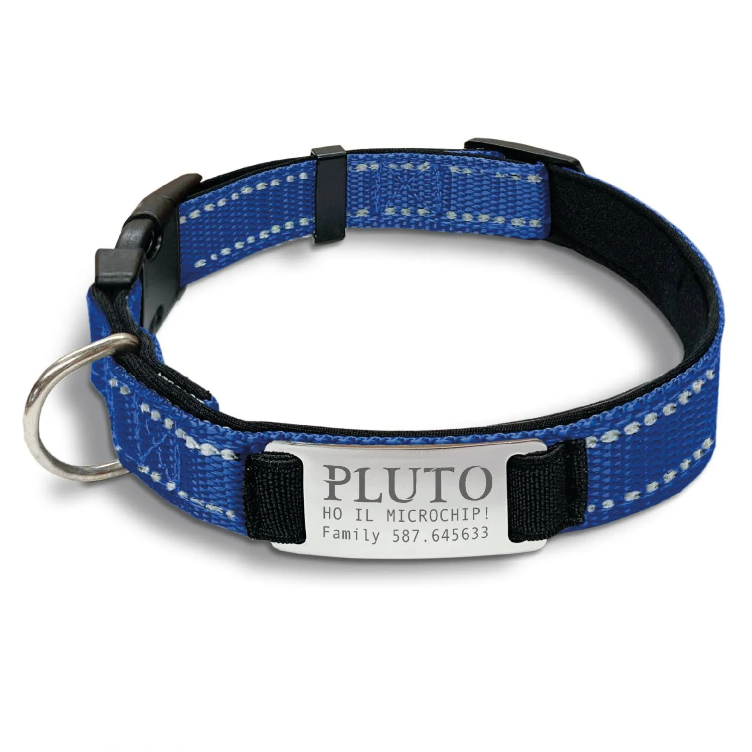 VENEZIANO Collare Cane Personalizzato con Targhetta in Metallo, Linee Catarifrangenti e Clip in ABS, Blue, M - immagine 3
