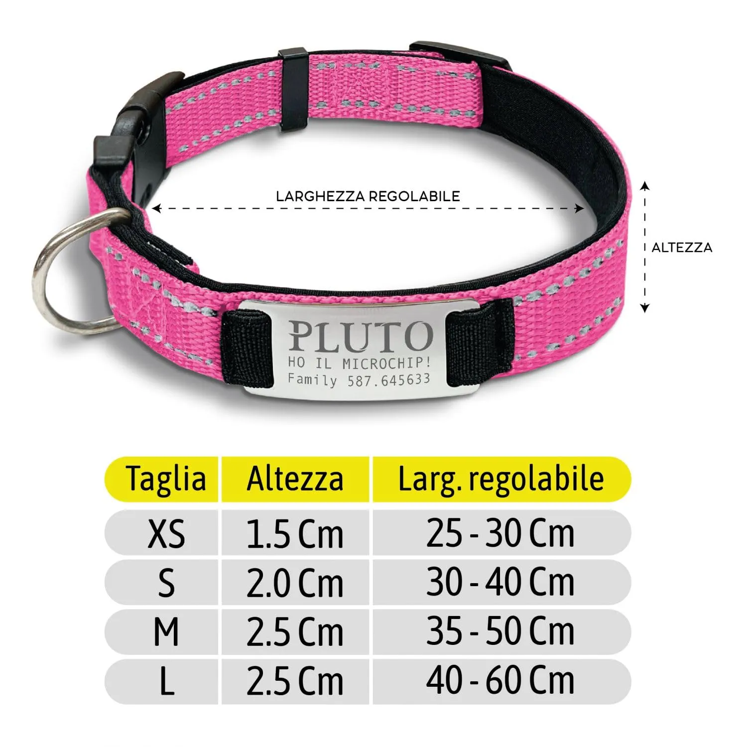 VENEZIANO Collare Cane Personalizzato con Targhetta in Metallo, Linee Catarifrangenti, Clip in ABS e Gancio per Guinzaglio, Rosa, M - immagine 2