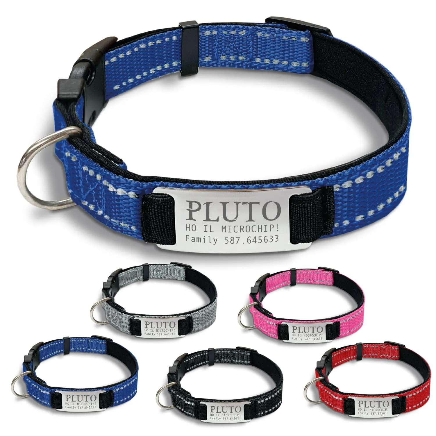 VENEZIANO Collare Cane Personalizzato con Targhetta in Metallo, Linee Catarifrangenti, Clip in ABS e Gancio per Guinzaglio, Blue, XS - immagine 1