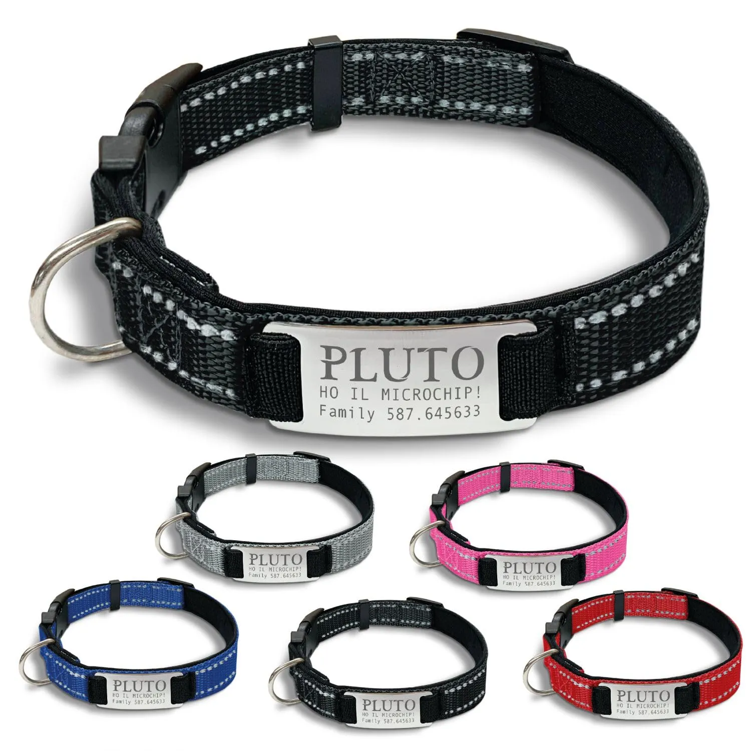 Veneziano Collare Cane Personalizzabile con Targhetta in Metallo, Linee Catarifrangenti, Clip in ABS, Nero, XS - immagine 1