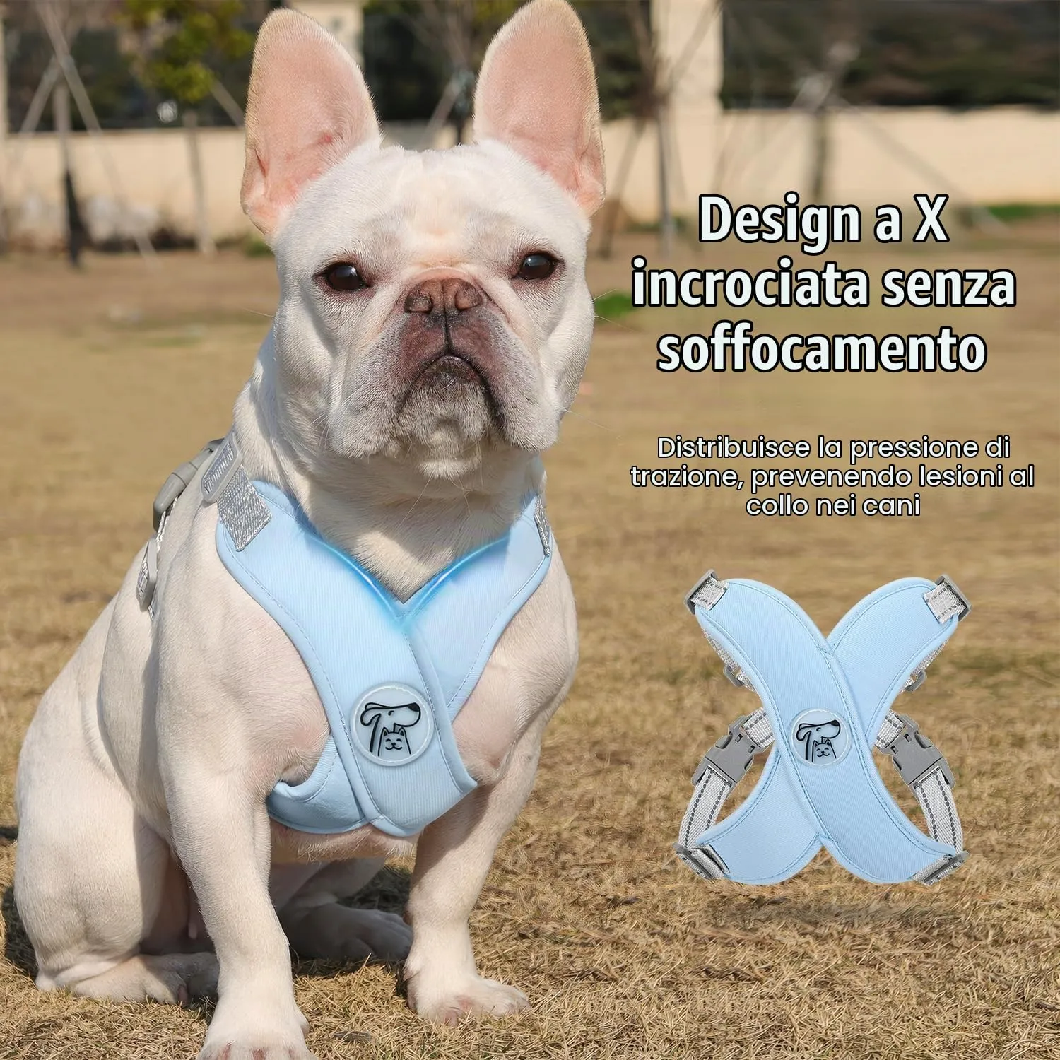 Pawaboo Set di pettorina e guinzaglio per cani di piccola e media taglia, struttura a X anti-tiro e anti-soffocamento, traspirante, Blu, Taglia L - immagine 3