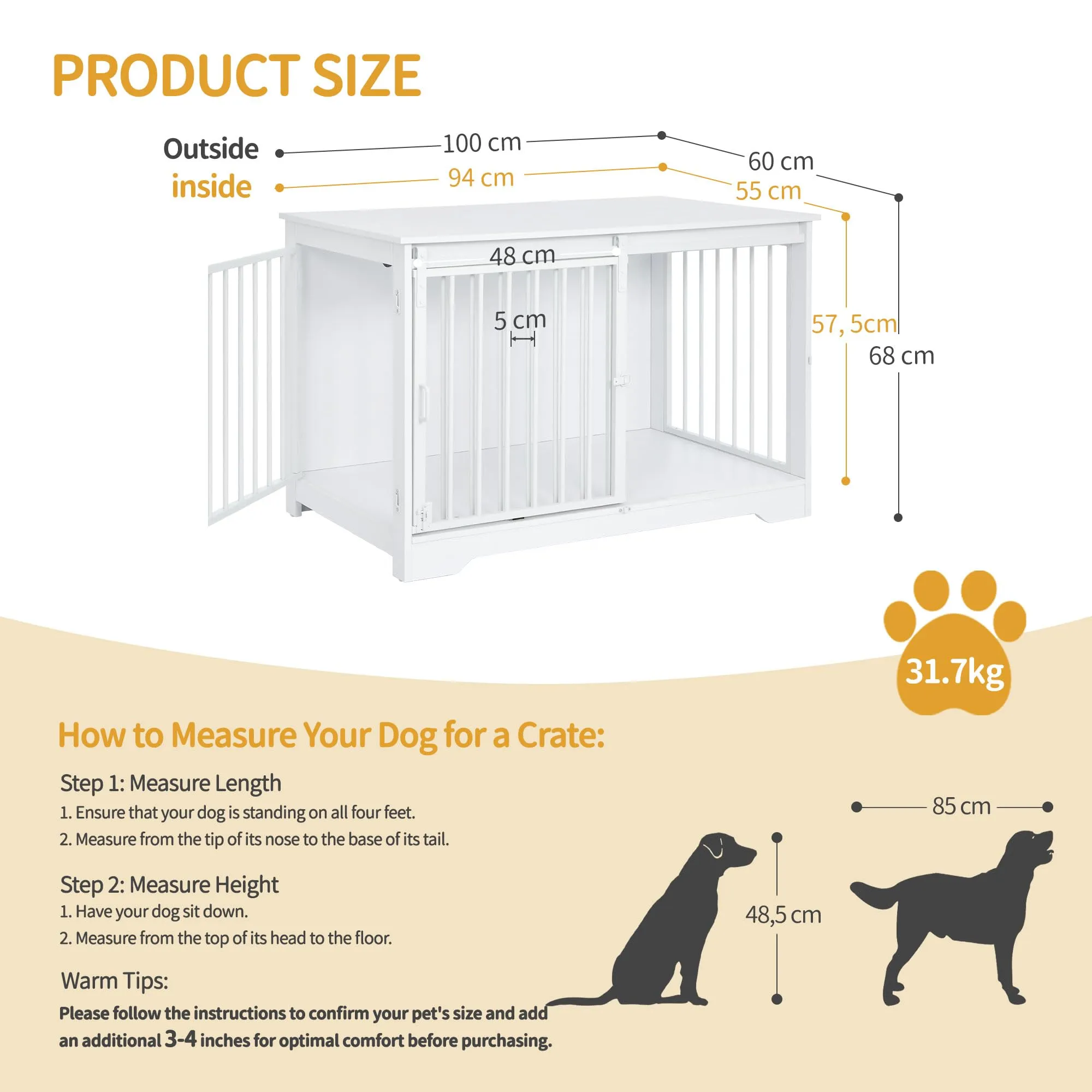 Hzuaneri Gabbia per Cani con Tavolo, Bianco, 100 x 60 x 68 cm - immagine 2