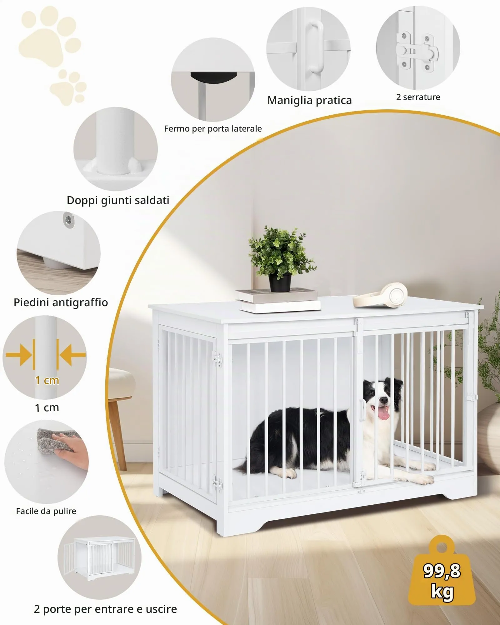 Hzuaneri Gabbia per Cani con Tavolo, Bianco, 100 x 60 x 68 cm - immagine 6