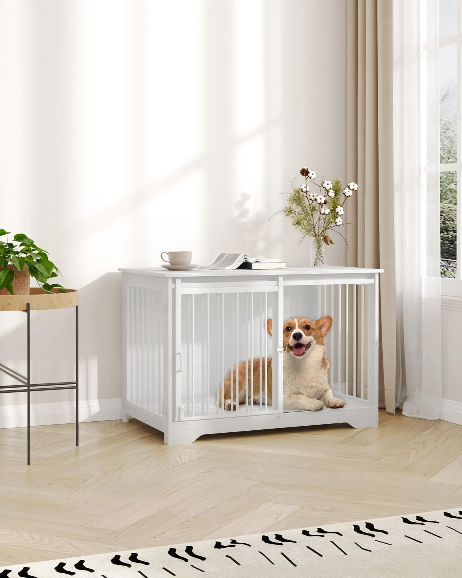 Hzuaneri Gabbia per Cani con Tavolo, Bianco, 100 x 60 x 68 cm - immagine 7