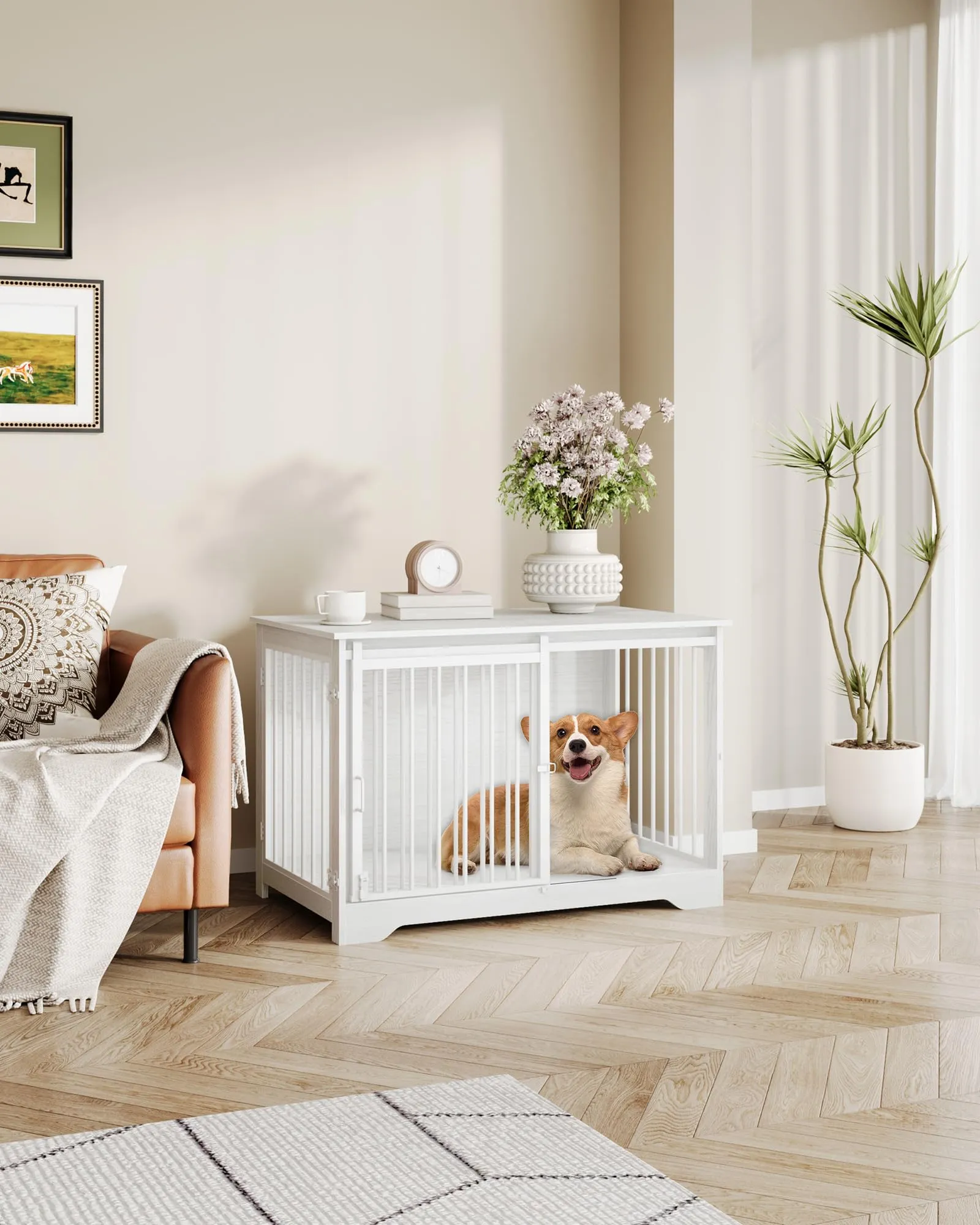 Hzuaneri Gabbia per Cani con Tavolo, Bianco, 100 x 60 x 68 cm - immagine 8