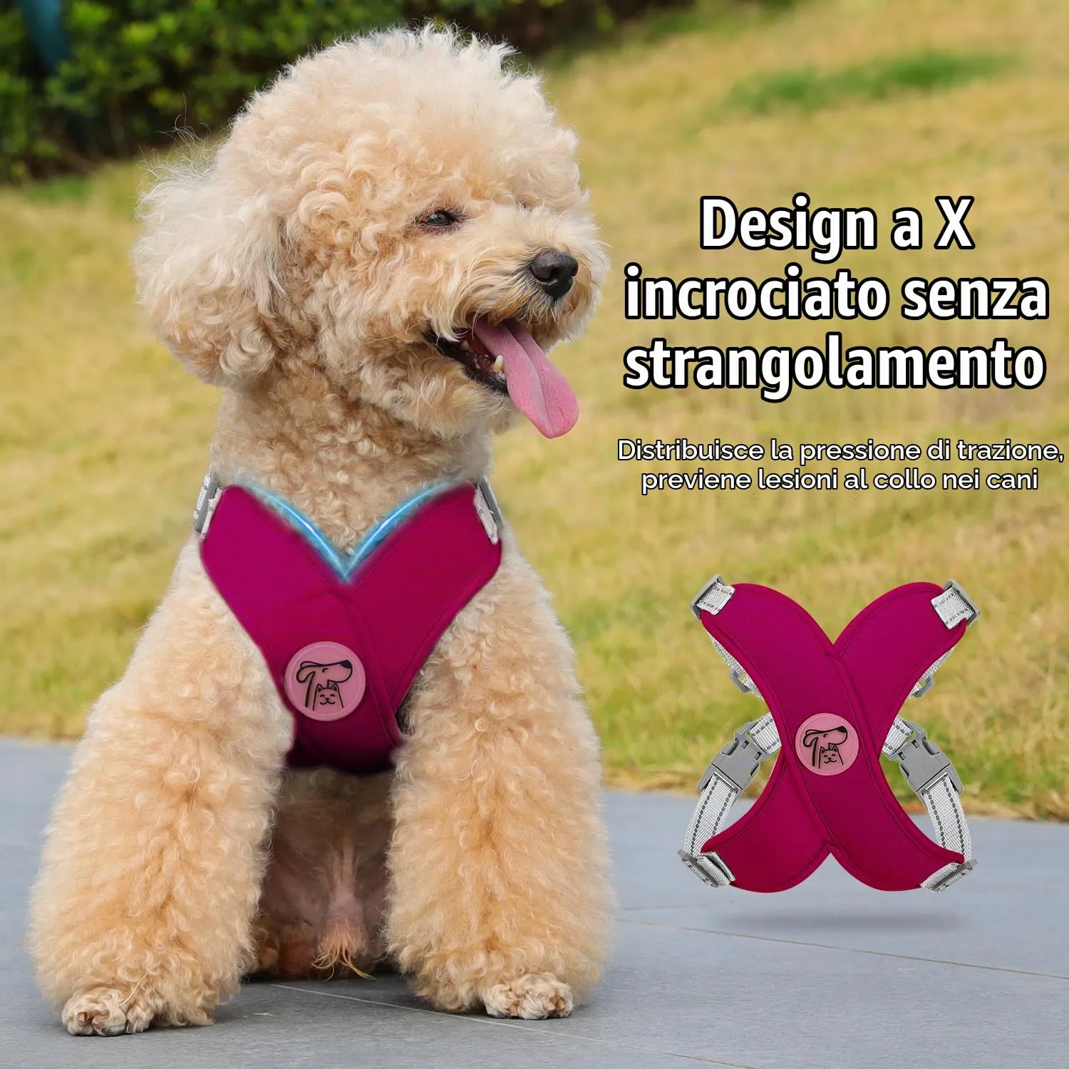 Pawaboo Set di Pettorina e Guinzaglio per Cani Traspirante Senza Tirare con Strisce Riflettenti, S, Magenta - immagine 3