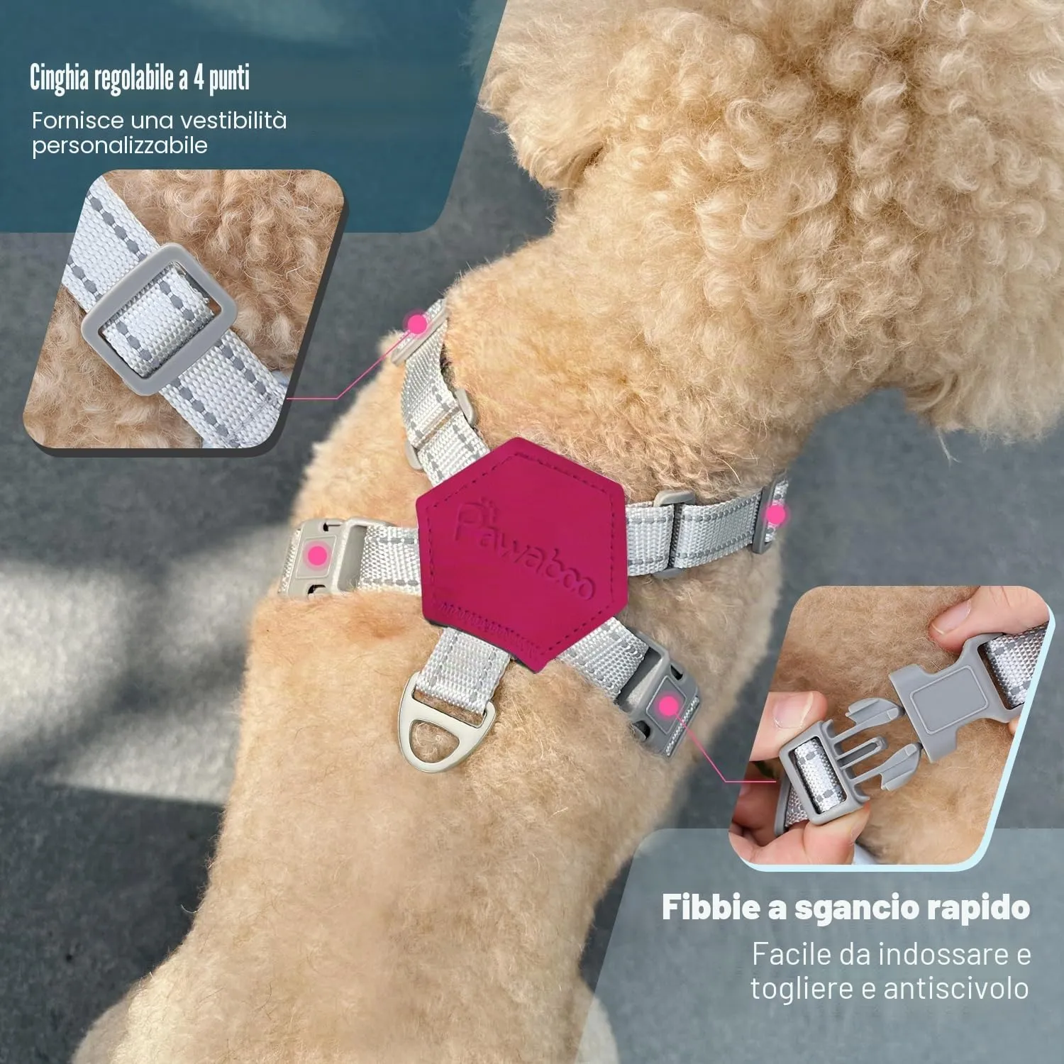 Pawaboo Set di Pettorina e Guinzaglio per Cani Traspirante Senza Tirare con Strisce Riflettenti, S, Magenta - immagine 4