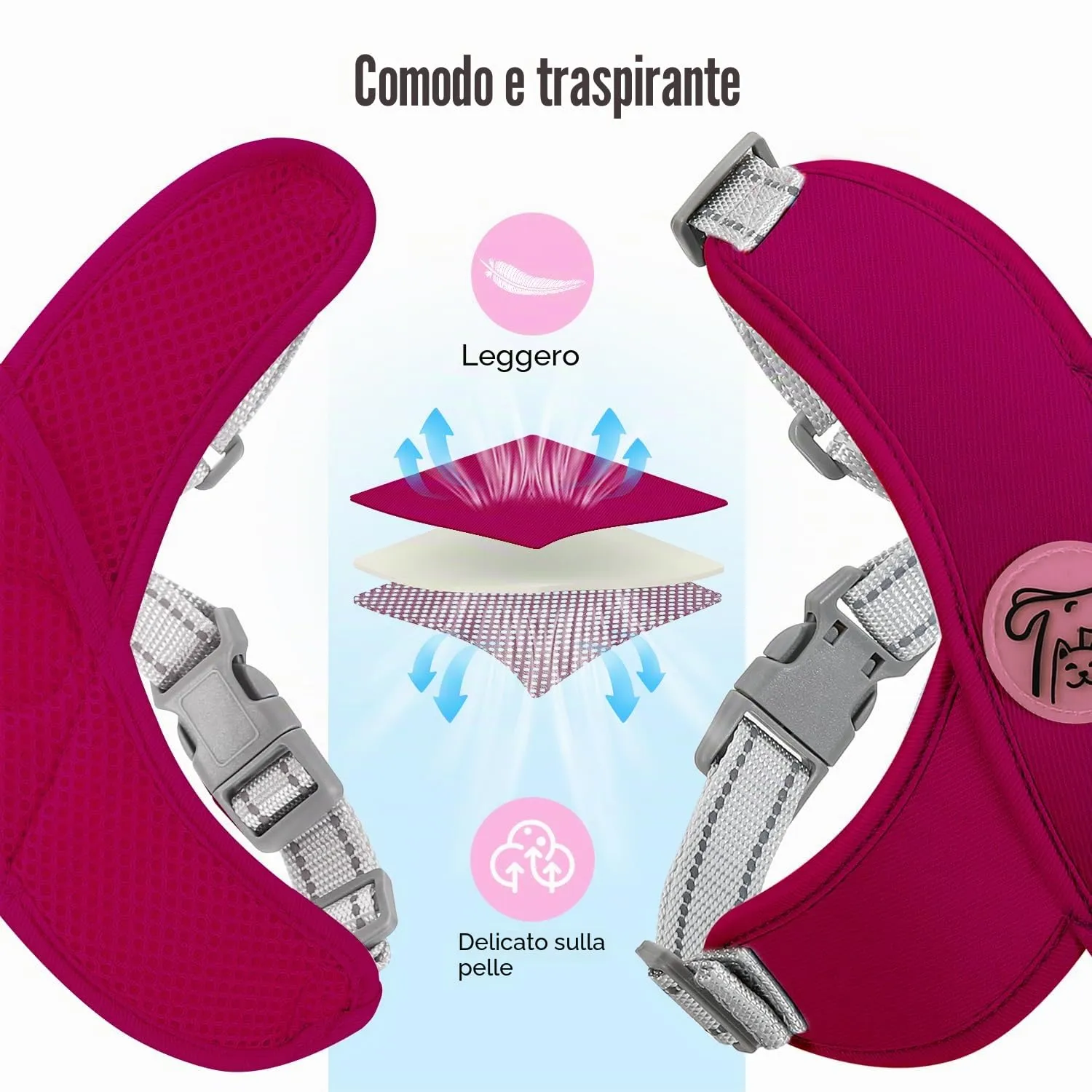 Pawaboo Set di Pettorina e Guinzaglio per Cani Traspirante Senza Tirare con Strisce Riflettenti, S, Magenta - immagine 5