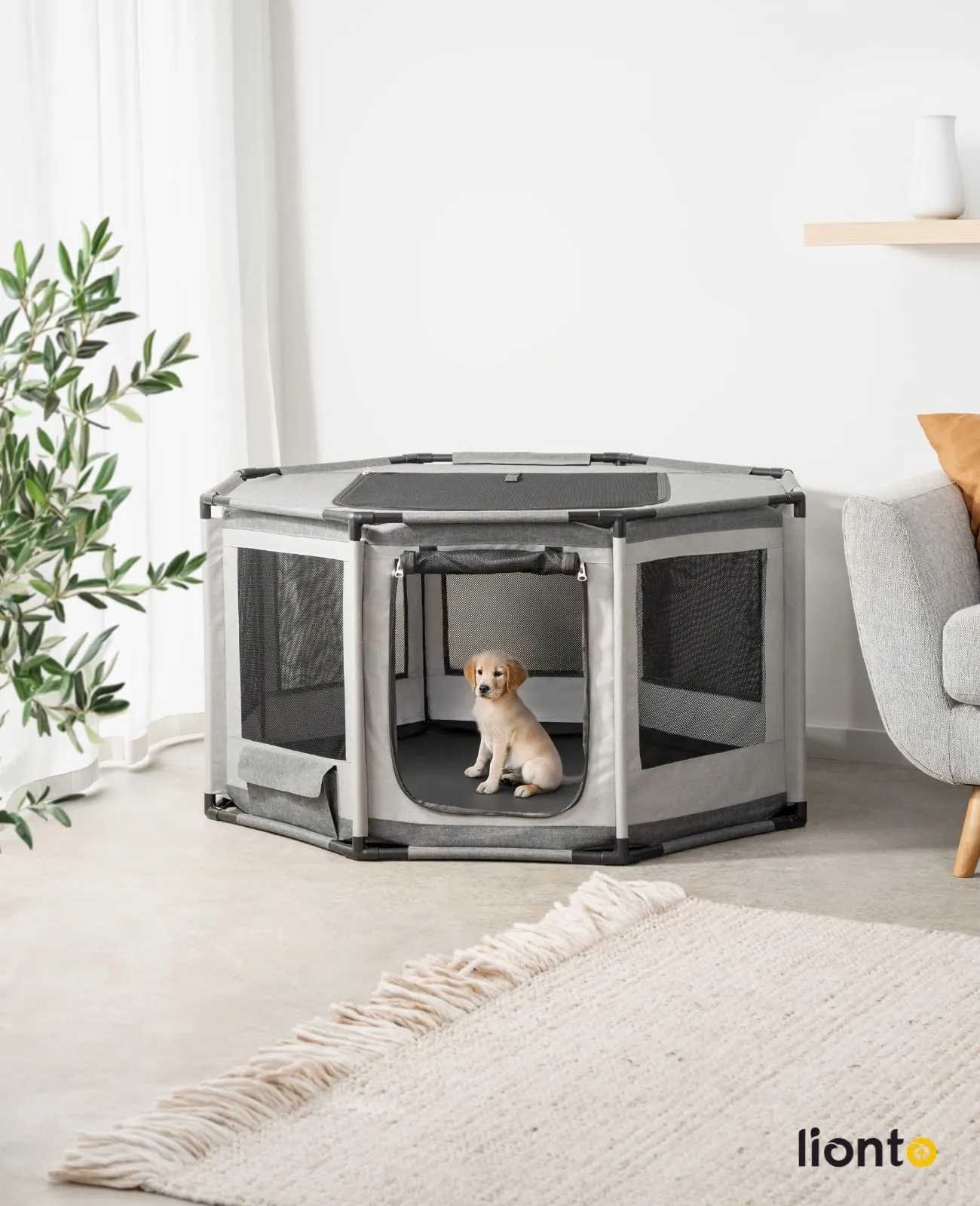 lionto Recinto per cani e gatti in tessuto Oxford e PVC, ottagonale, 112x112x62 cm, grigio - immagine 2